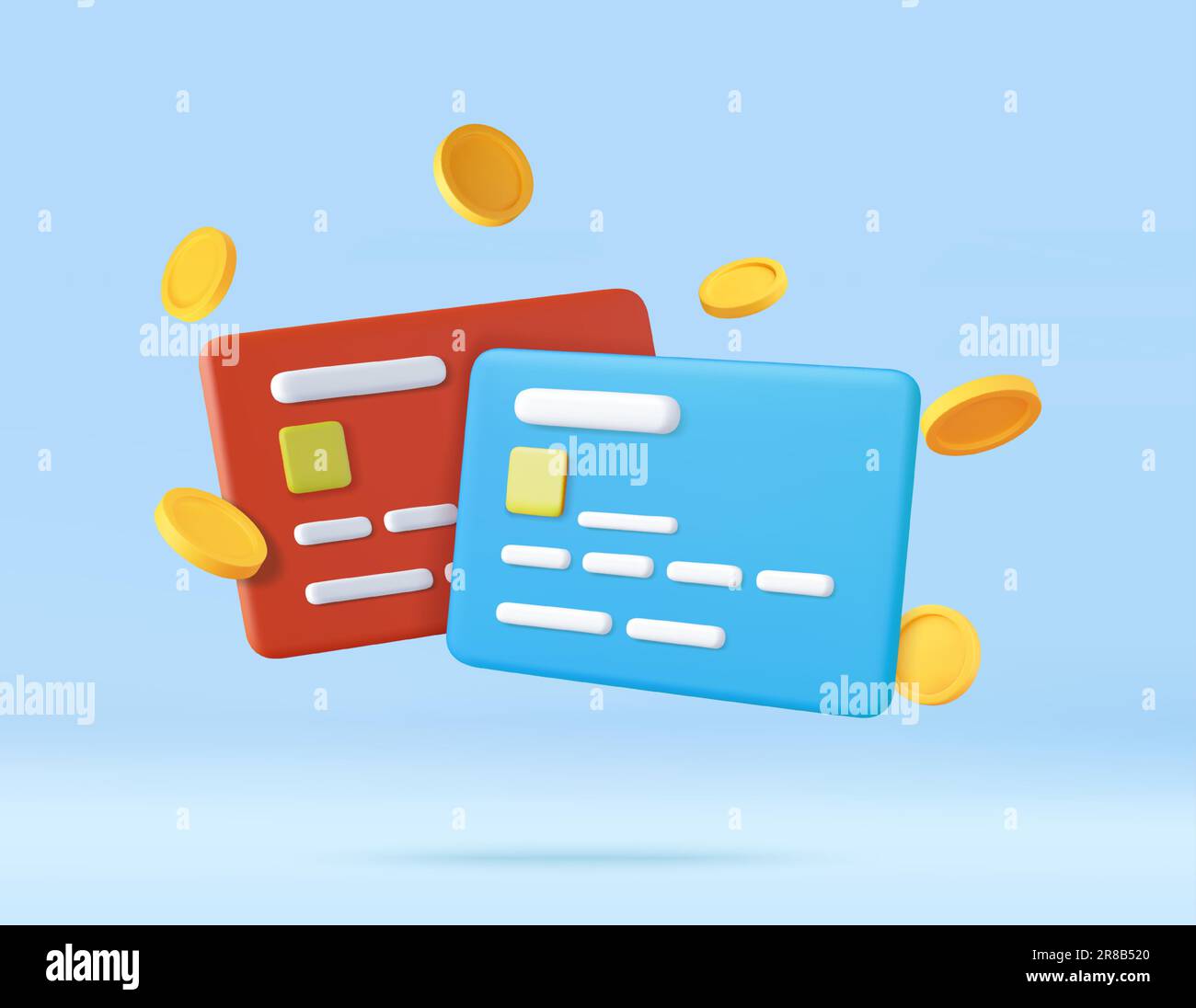 3d Credit card, floating coins around Stock Vector