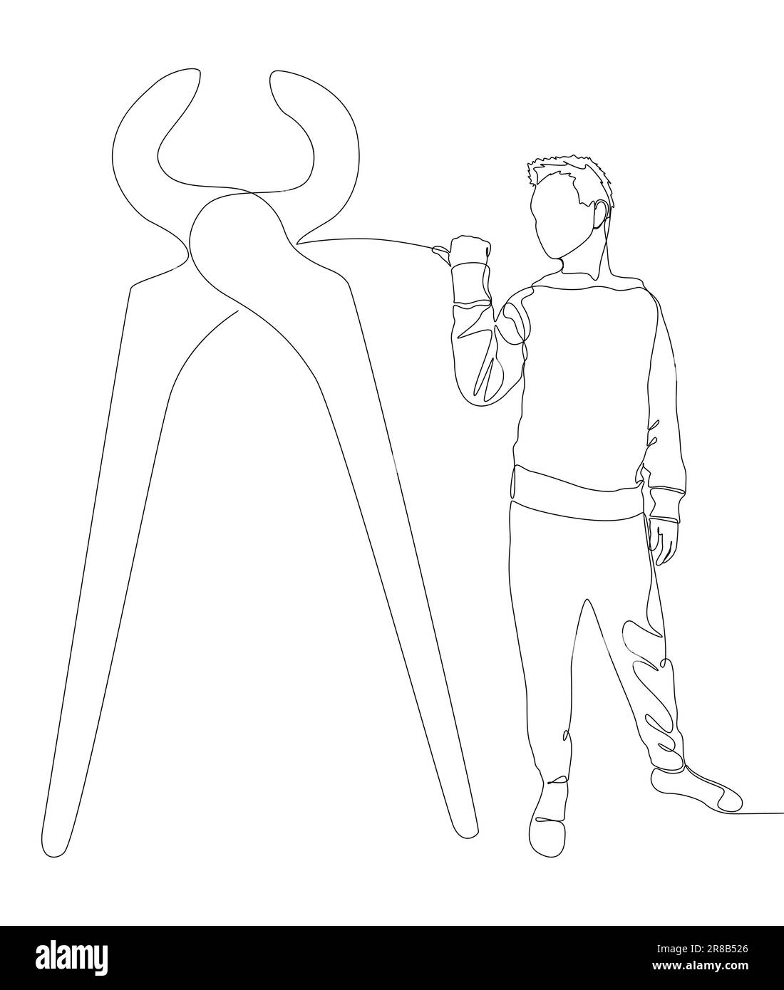 One continuous line of Man pointing with finger at Pliers, Tongs. A