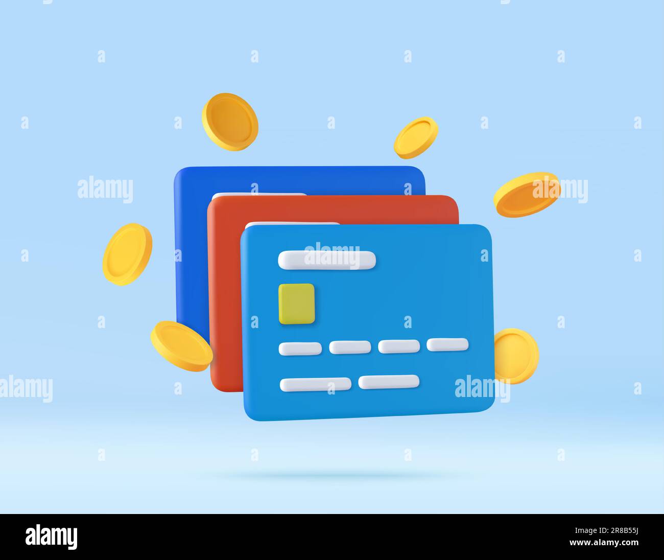 3d Credit card, floating coins around Stock Vector