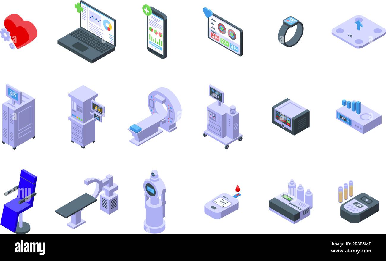 Computer diagnostics of health icons set isometric vector. Radiation ...