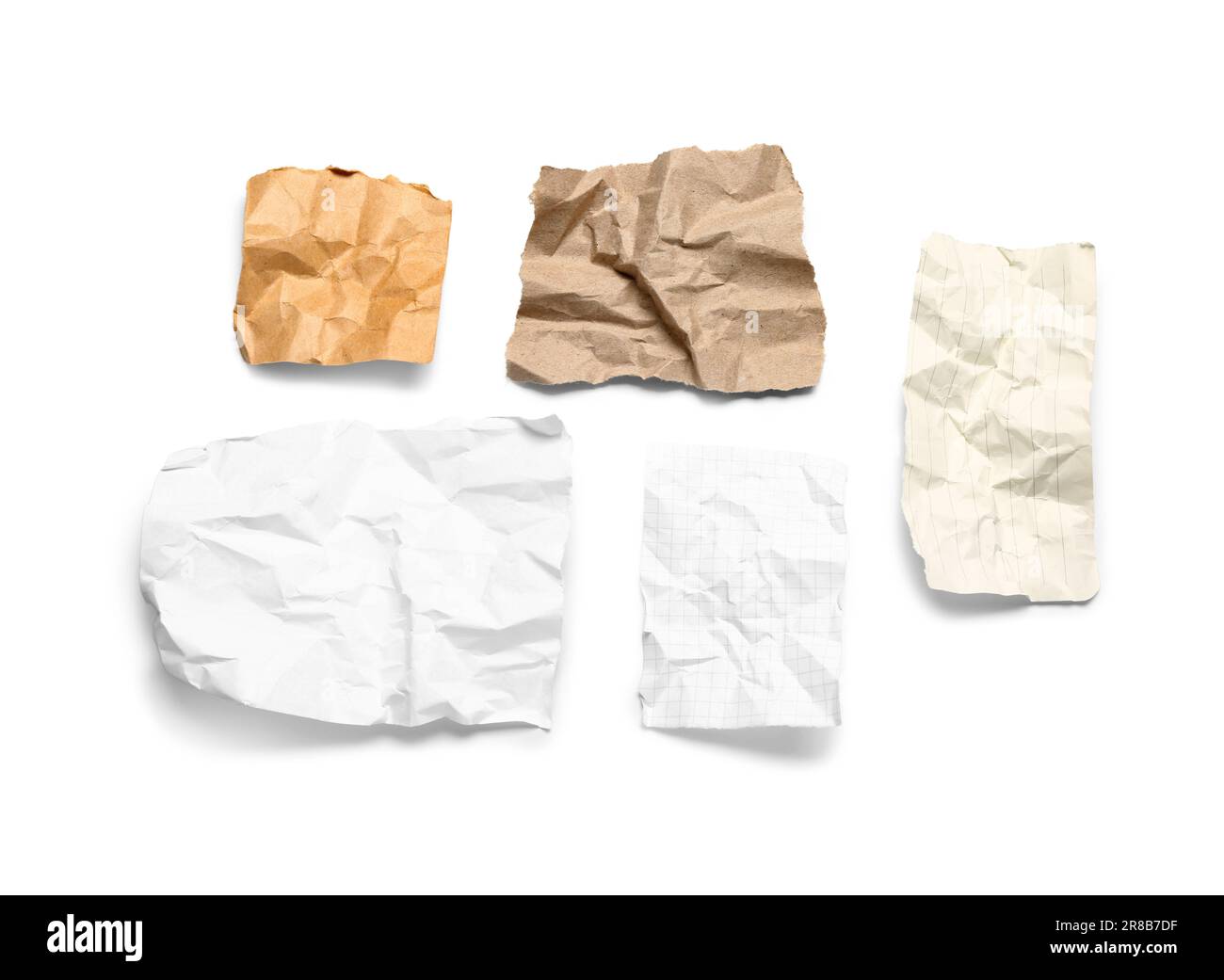 Different pieces of creased paper sheets isolated on white background