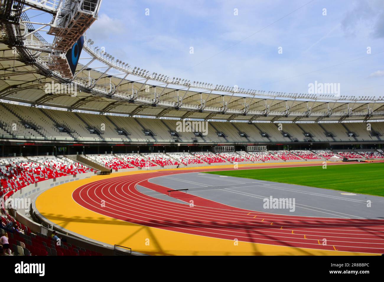 Budapest, June 2023 the new stadium interior. spectator seats with canvas roof; track and field