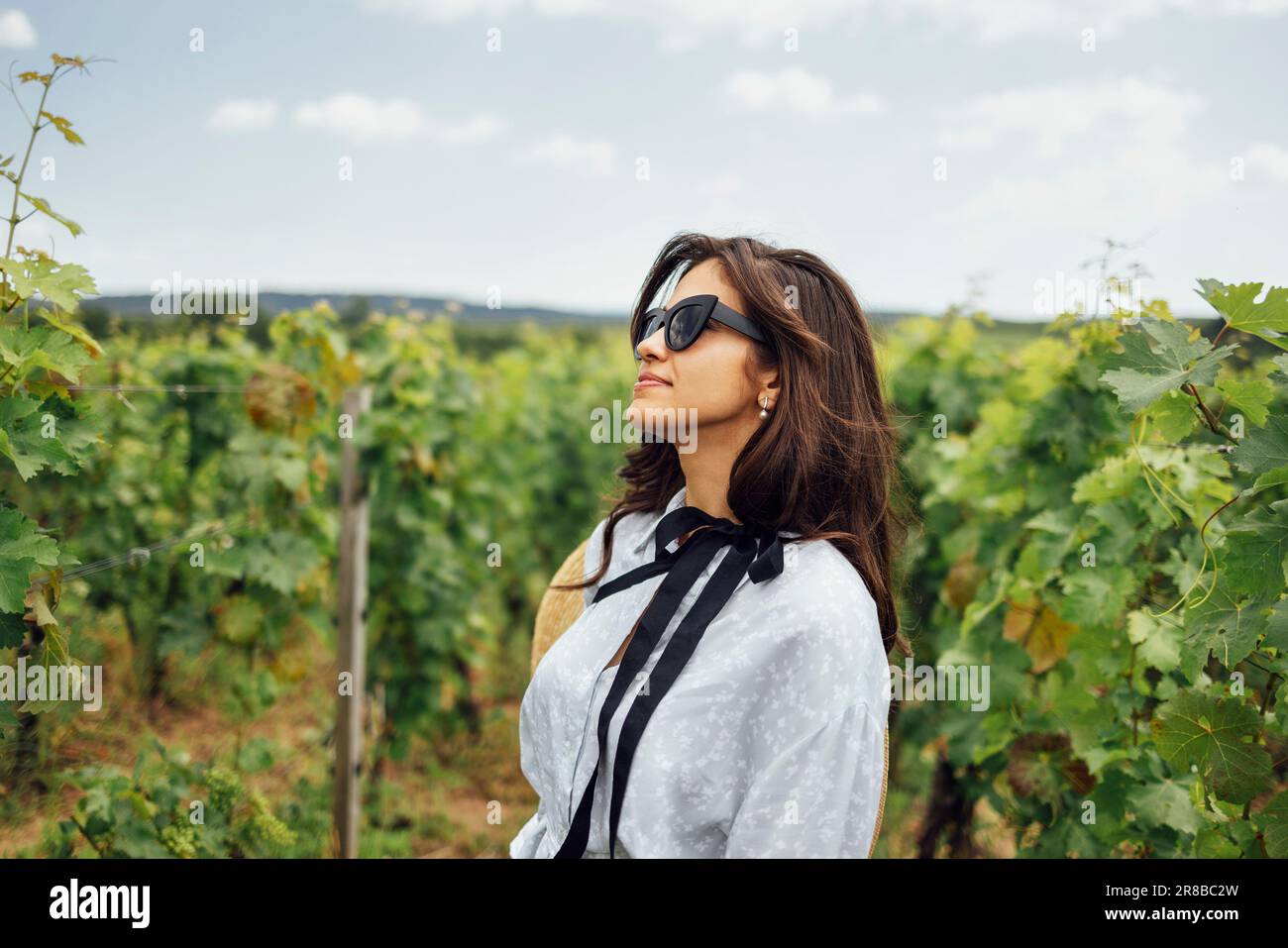 Attractive brunette girl in elegant dress and sunglasses walks through vineyard. Charming young woman holds straw wide brimmed hat in her hand and enj Stock Photo