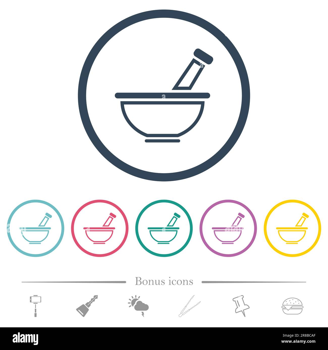 Mortar and pestle outline flat color icons in round outlines. 6 bonus