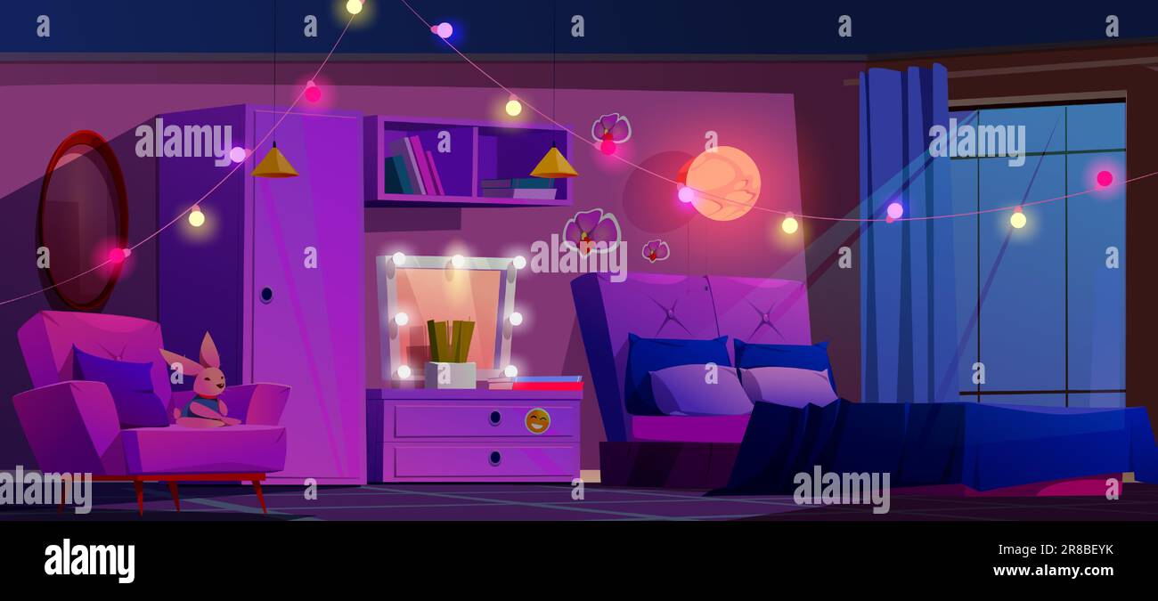 Night pink girly bedroom interior vector cartoon. Teen bed and neon lamp light in teenage room. Purple female furniture in dark flat with nobody. Bulb mirror, armchair and carpet at teenager home Stock Vector