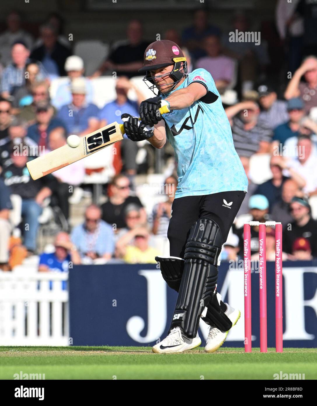 Oval, England. 26 May, 2023. Pictures left to right, Laurie Evans of Surrey County Cricket Club opening the batting at the Vitality Blast match between Surrey versus Glamorgan. Credit: Nigel Bramley/Alamy Live News Stock Photo
