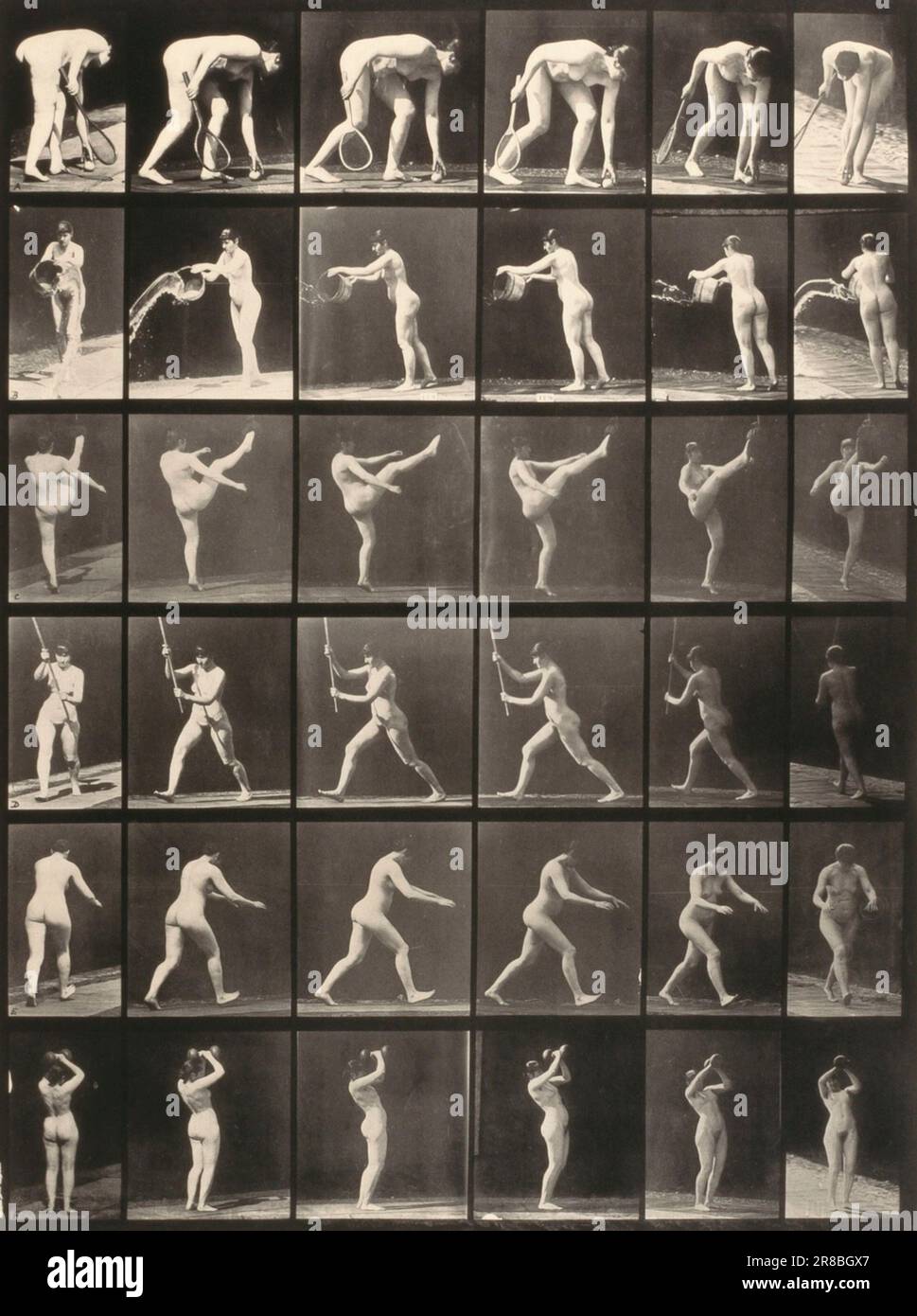 Animal Locomotion (plate 326) (Woman with Tennis Racquet, Throwing Water, etc.) 1887 by Eadweard Muybridge, born Kingston-upon-Thames, England 1830-died Kingston-upon-Thames, England 1904 Stock Photo