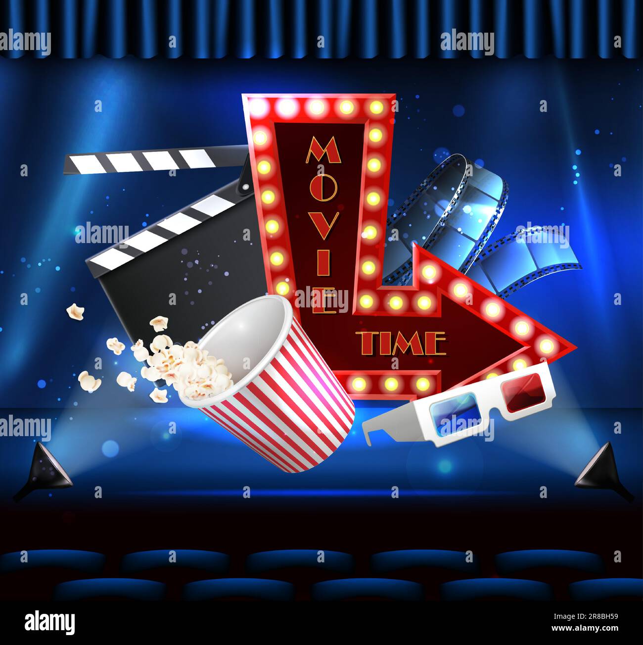Movie time concept background. Cinema hall with popcorn, 3d realistic