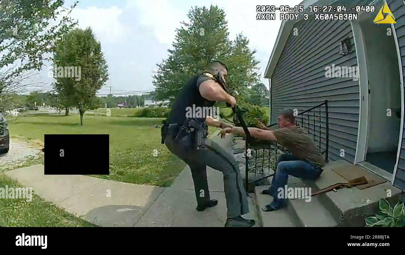 This image provided by Clermont County Sheriffs Office shows police  bodycam footage of the arrest of Chad Doerman on Thursday, June 15, 2023 in  Monroe Township, Ohio. Doerman allegedly shot and killed