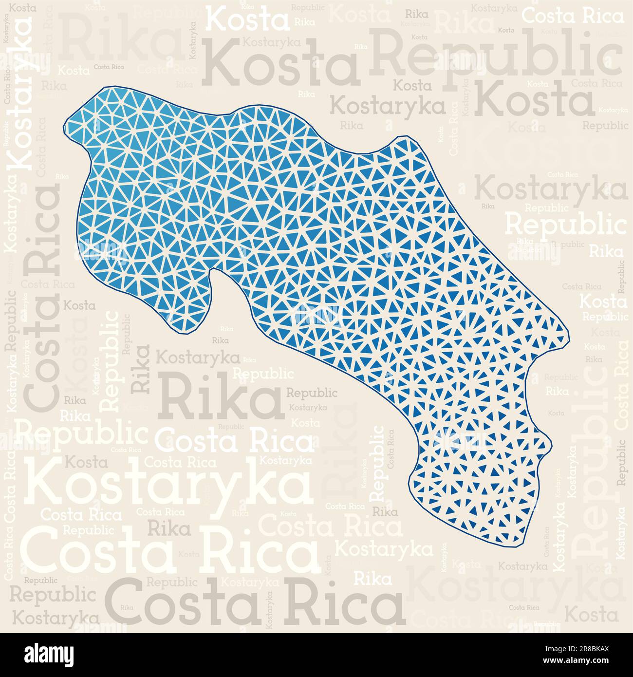 COSTA RICA map design. Country names in different languages and map