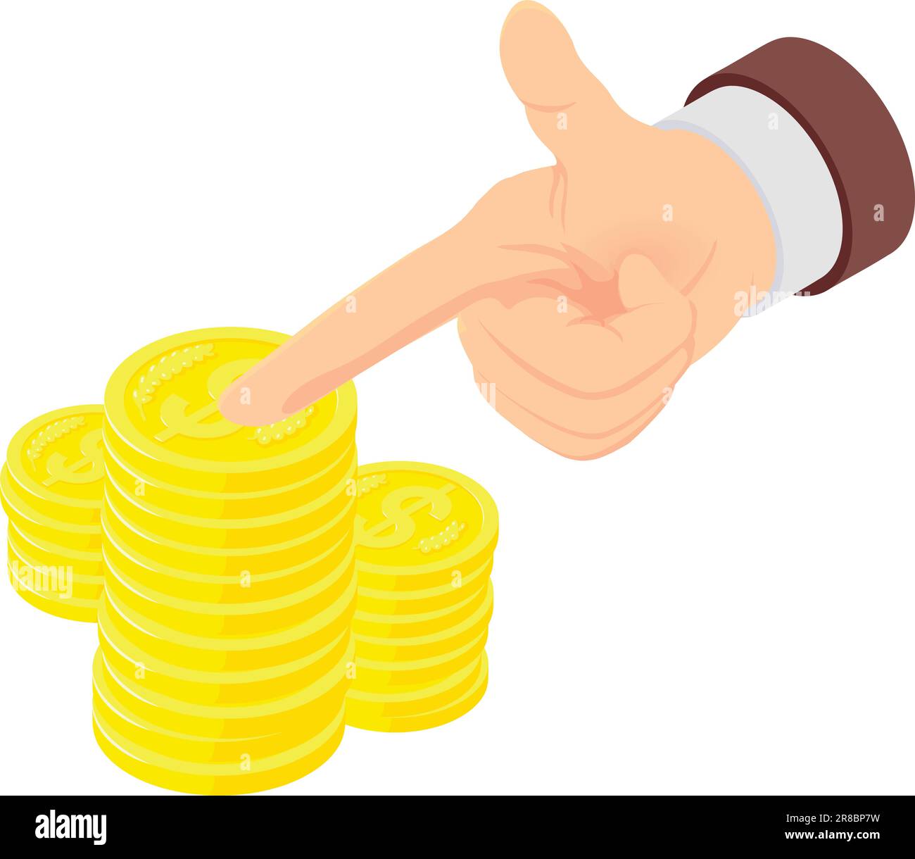 Investment profit icon isometric vector. Pointing hand gesture and coin stack. Finance, profit, income Stock Vector