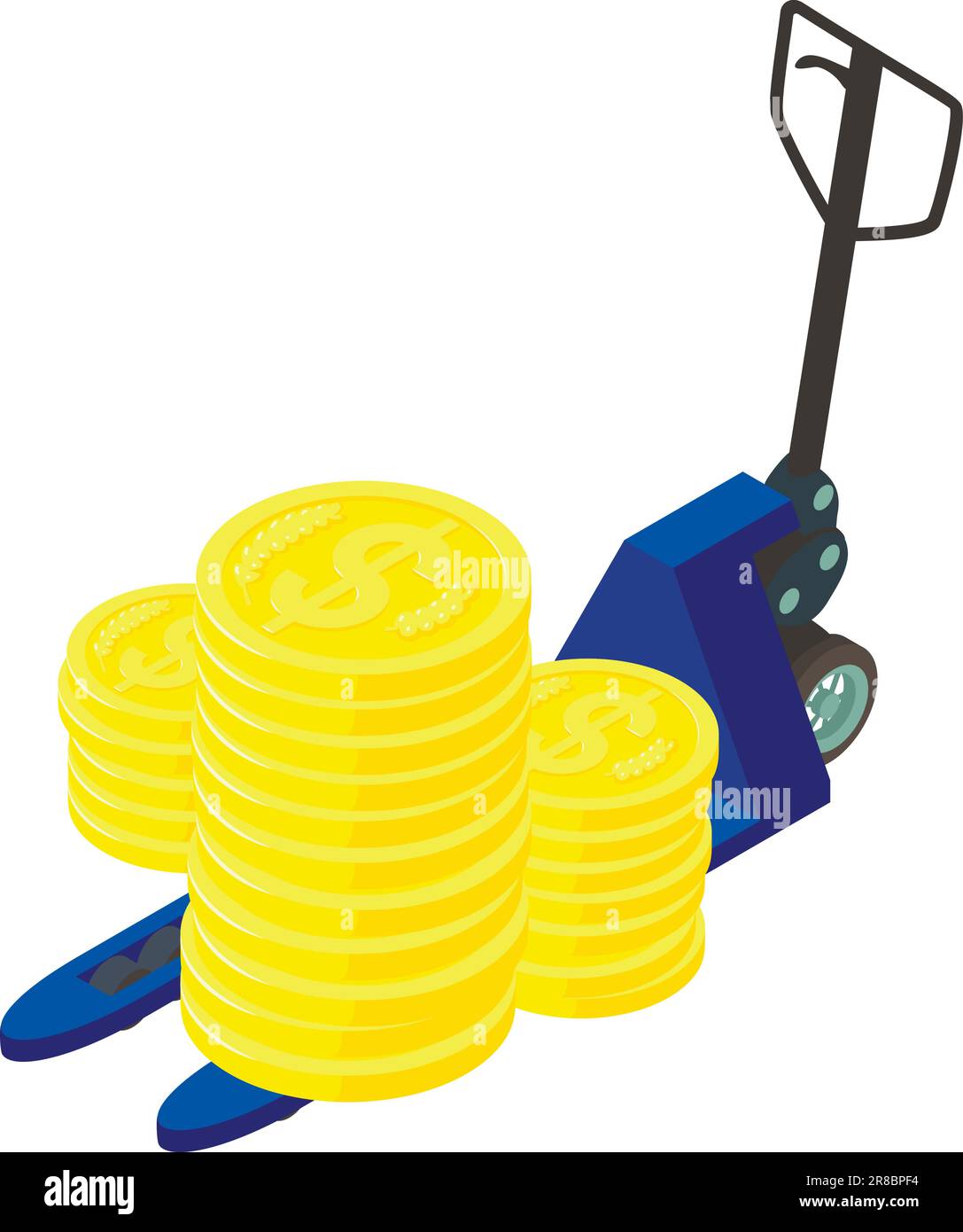 Warehouse shipping icon isometric vector. Big golden coin stack on hand forklift. Logistic concept, warehousing service Stock Vector
