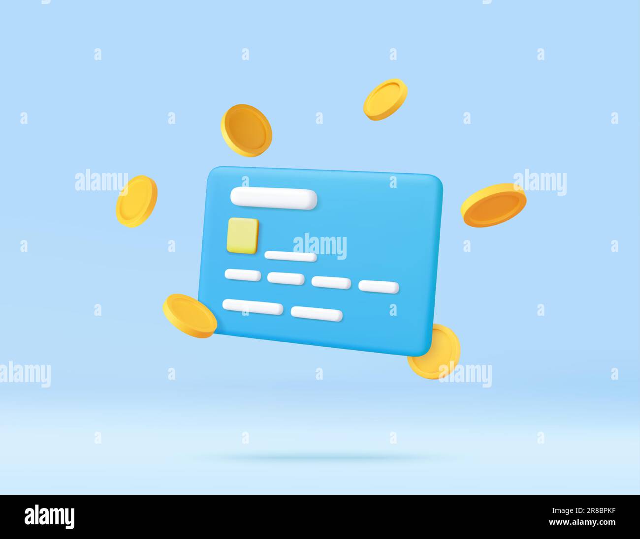 3d Credit card, floating coins around Stock Vector