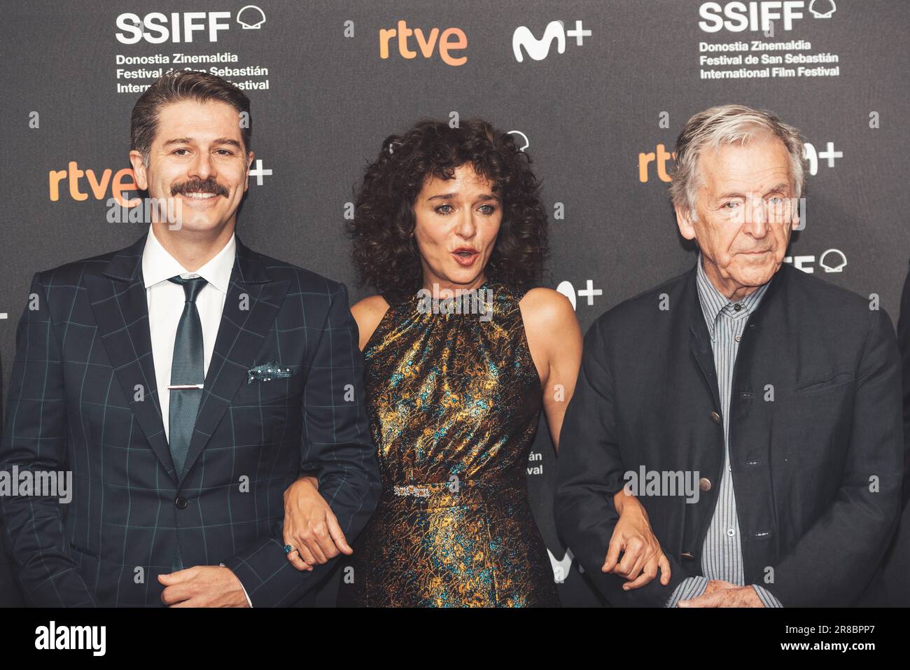 Alexandros Bourdomis , Valeria Golino and Costa Gavras (R), at the San Sebastián International Film Festival in Spain on the 21st of September, 2019. Stock Photo