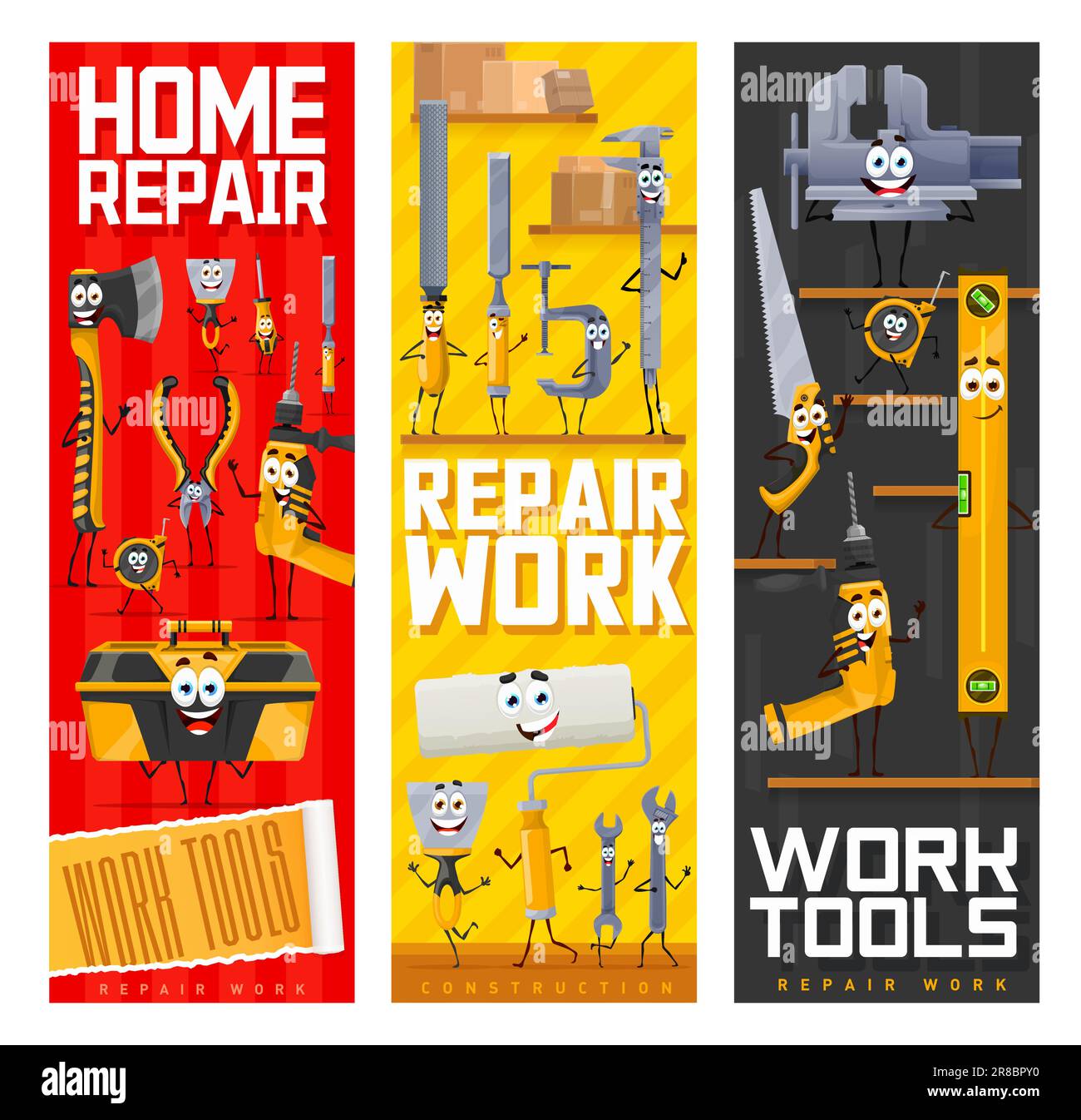 Cartoon repair and DIY work tool characters, vector banners with funny hammer and screwdriver