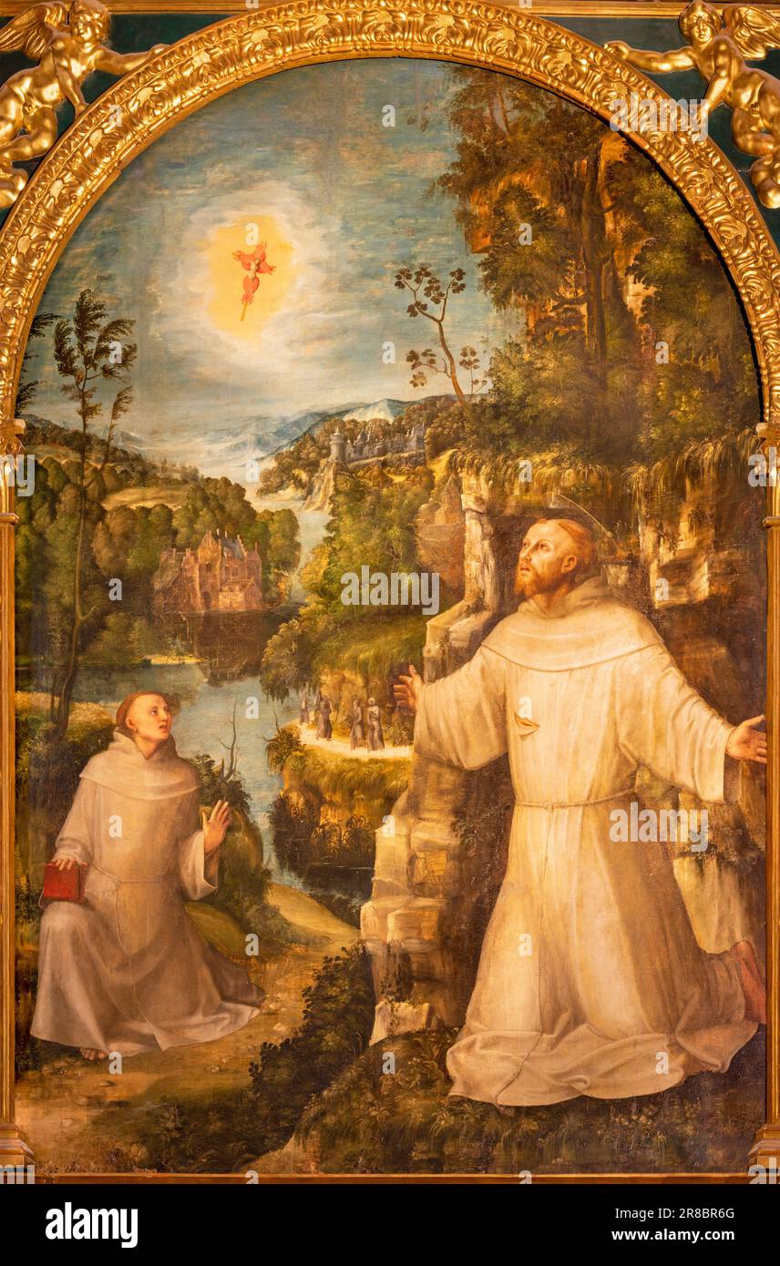 GENOVA, ITALY - MARCH 8, 2023: The painting of The Stigmatization of St. Francis of Assisi in the church Chiesa di Santa Maria della Cella Stock Photo