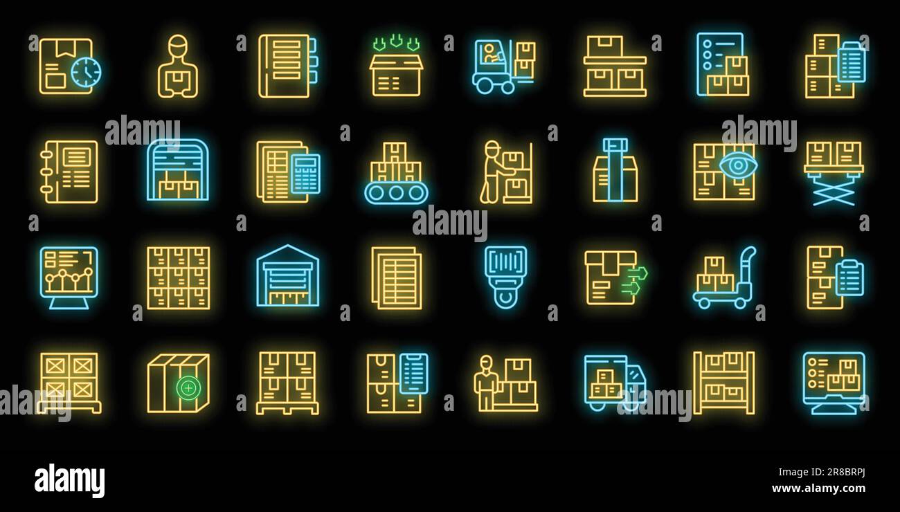 Storekeeper icons set outline vector. Worker wood. House inventory neon ...