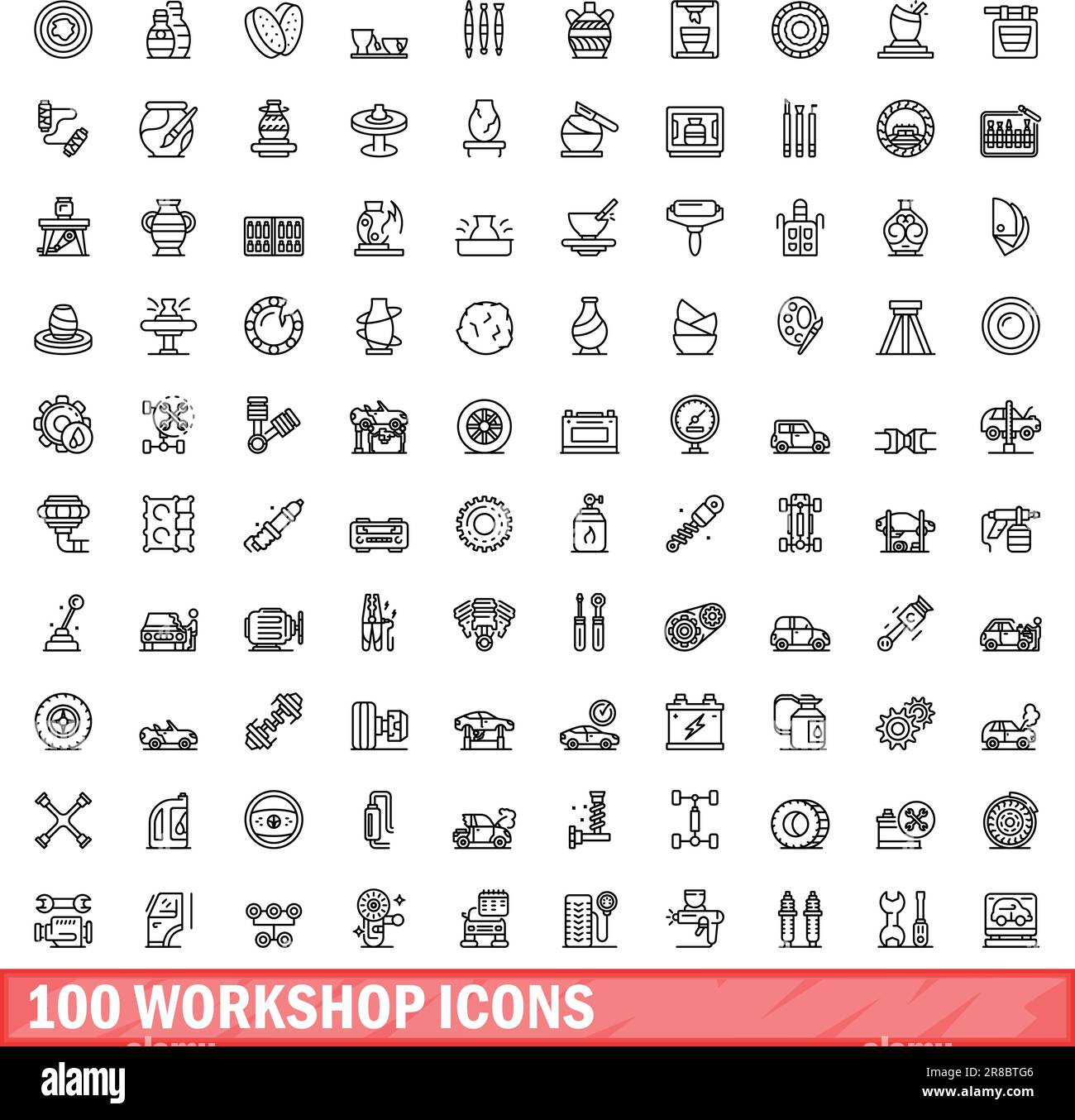 100 workshop icons set. Outline illustration of 100 workshop icons vector set isolated on white background Stock Vector