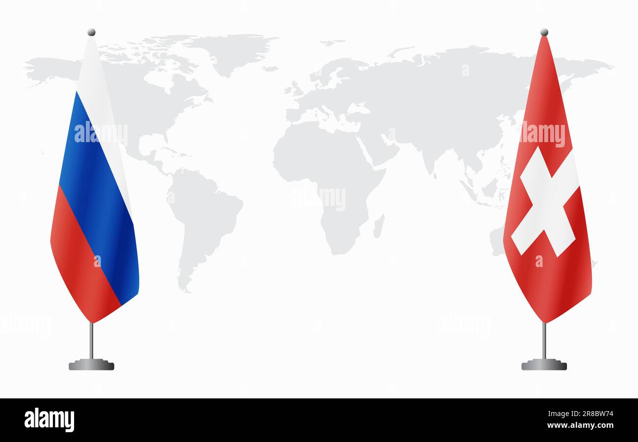 Russia and Switzerland flags for official meeting against background of world map. Stock Vector