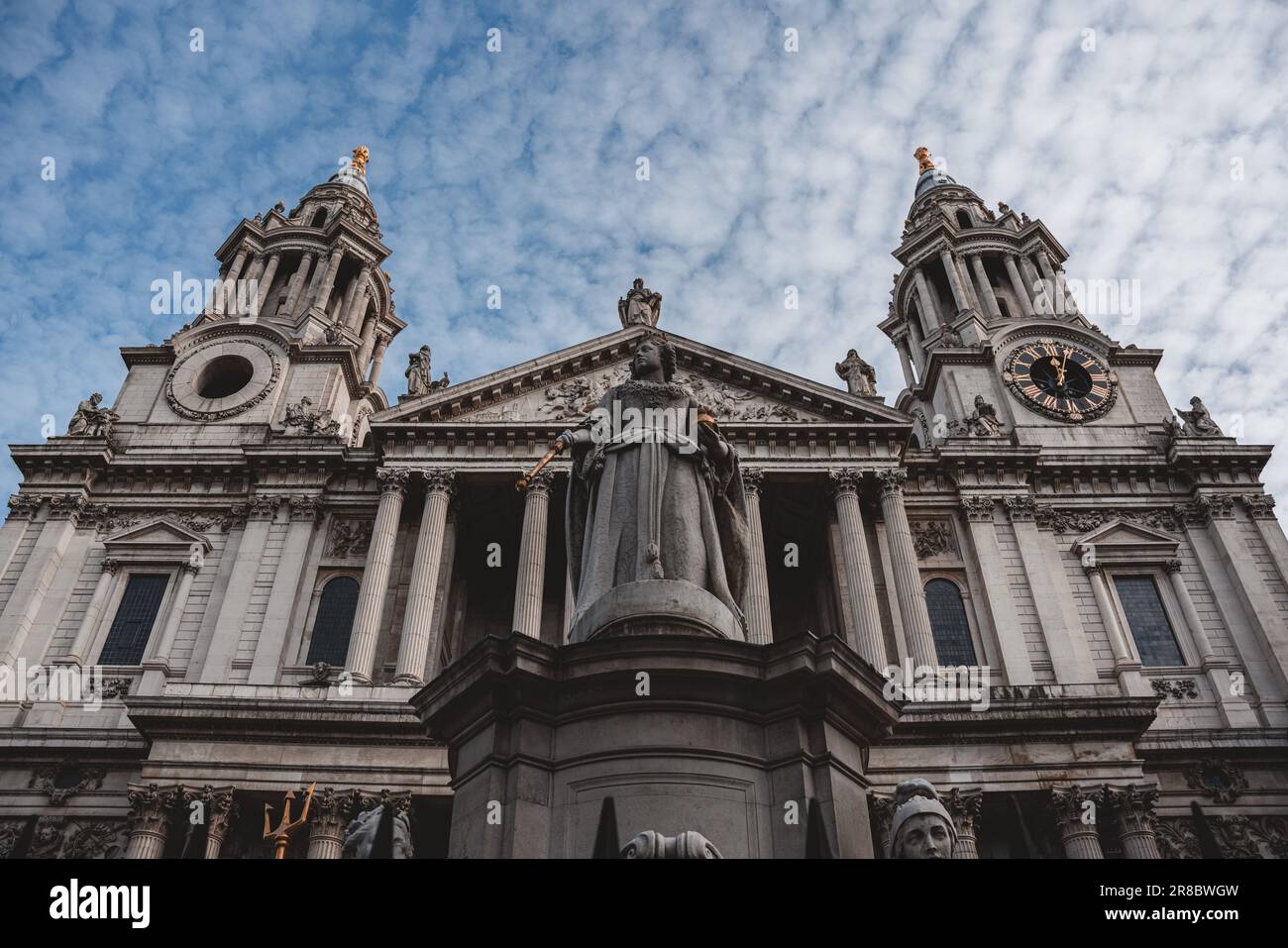A low angle of the Statue of Queen Anne in St. Paul's Churchyard in the