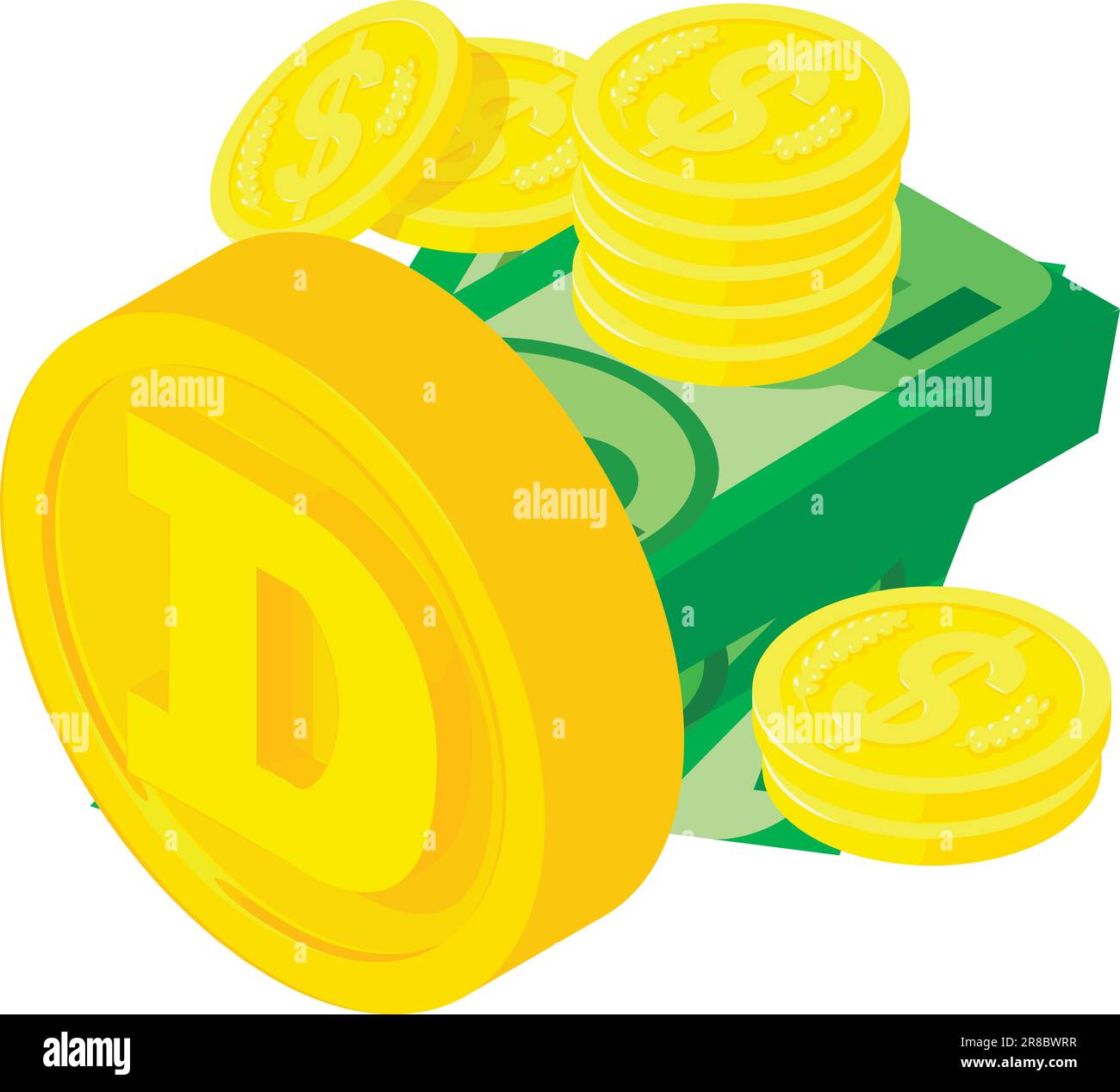 Dogecoin cryptocurrency icon isometric vector. Big dogecoin coin near cash money. Digital money, cryptocurrency concept Stock Vector