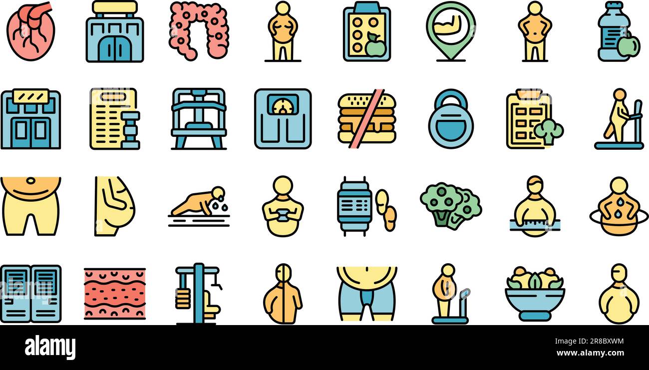 Fat man in the gym icons set outline vector. Obese diet. Sport loss ...