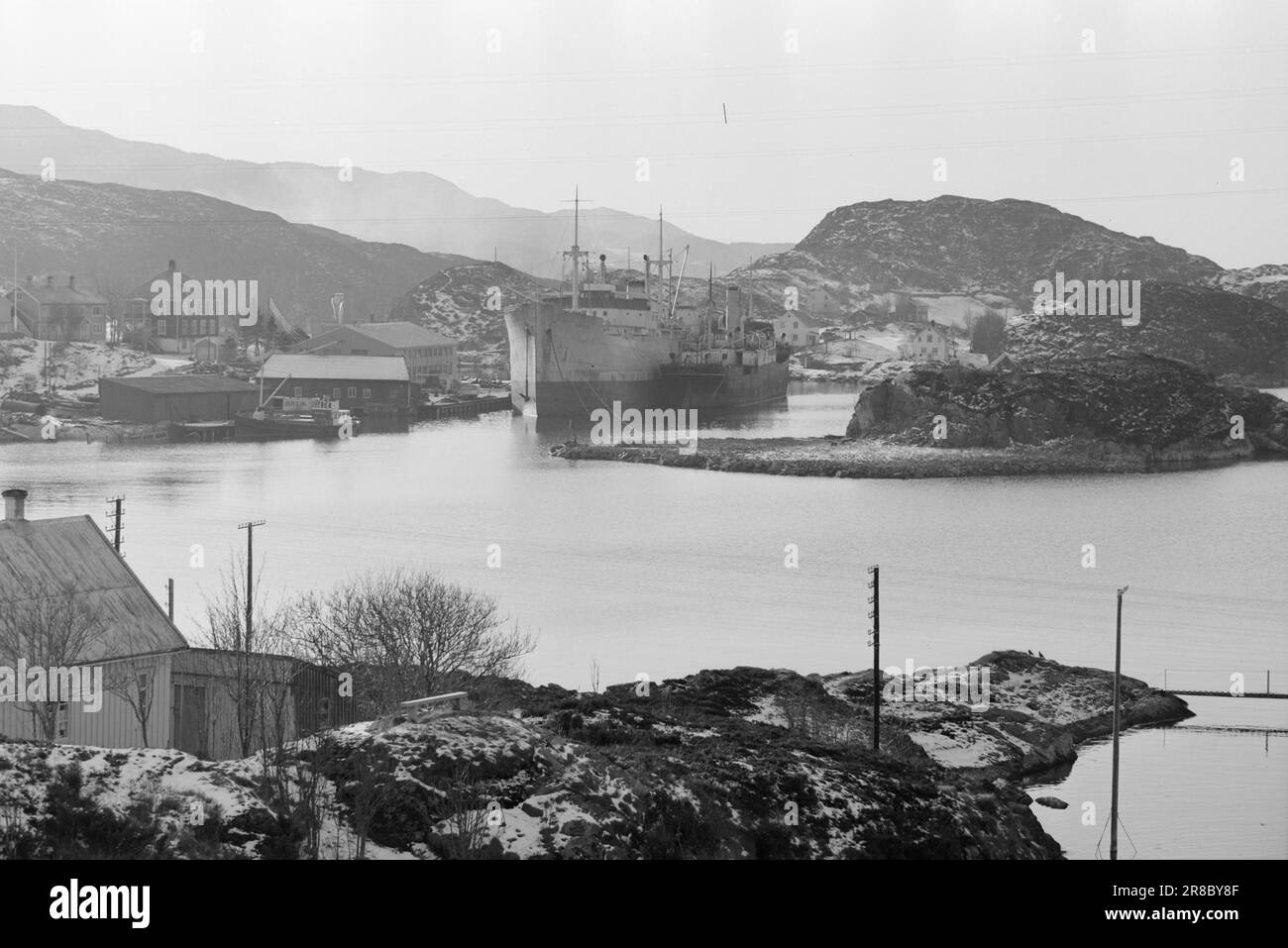 Current 10-9-1960: Floating coffin Flakke fixes old tubs in his own workshop that do not meet professional standards.  Half of Flakke's current fleet at the quay at Flakke's workshop in Rena outside Kristiansund, the new (but 25-year-old) 'Orkla' of approx. 7,000 tonnes and 'Torpa' of 2,500 tonnes d.w. 'Kovda' has been seized by Swedish ship control. 'Knoll' is the only vessel Flakke's shipping company has in operation.  Photo: Sverre A. Børretzen / Aktuell / NTB ***PHOTO NOT IMAGE PROCESSED*** Stock Photo