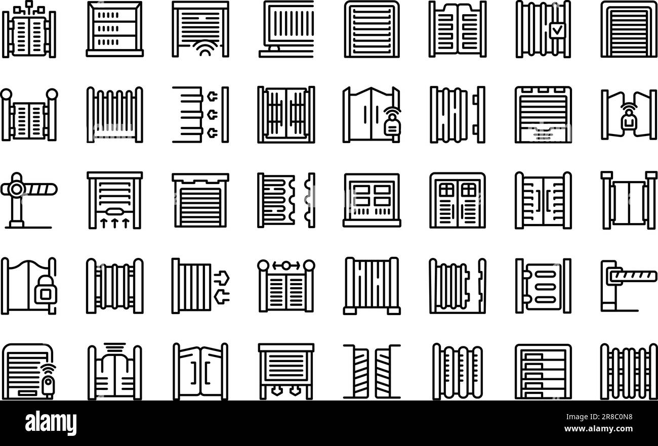 Automatic gates icons set outline vector. Security car. House gate ...