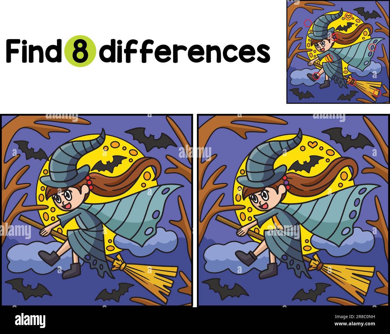Witch Riding Broom Halloween Find The Differences Stock Vector Image