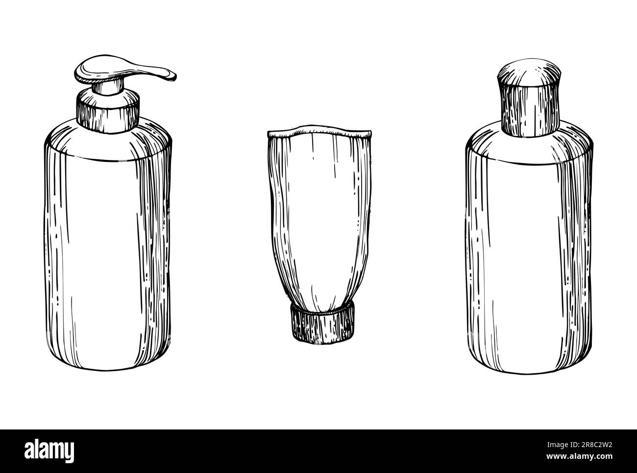 Hand drawn vector ink spa skincare bath beauty bottle and dispencer products package. Isolated ...