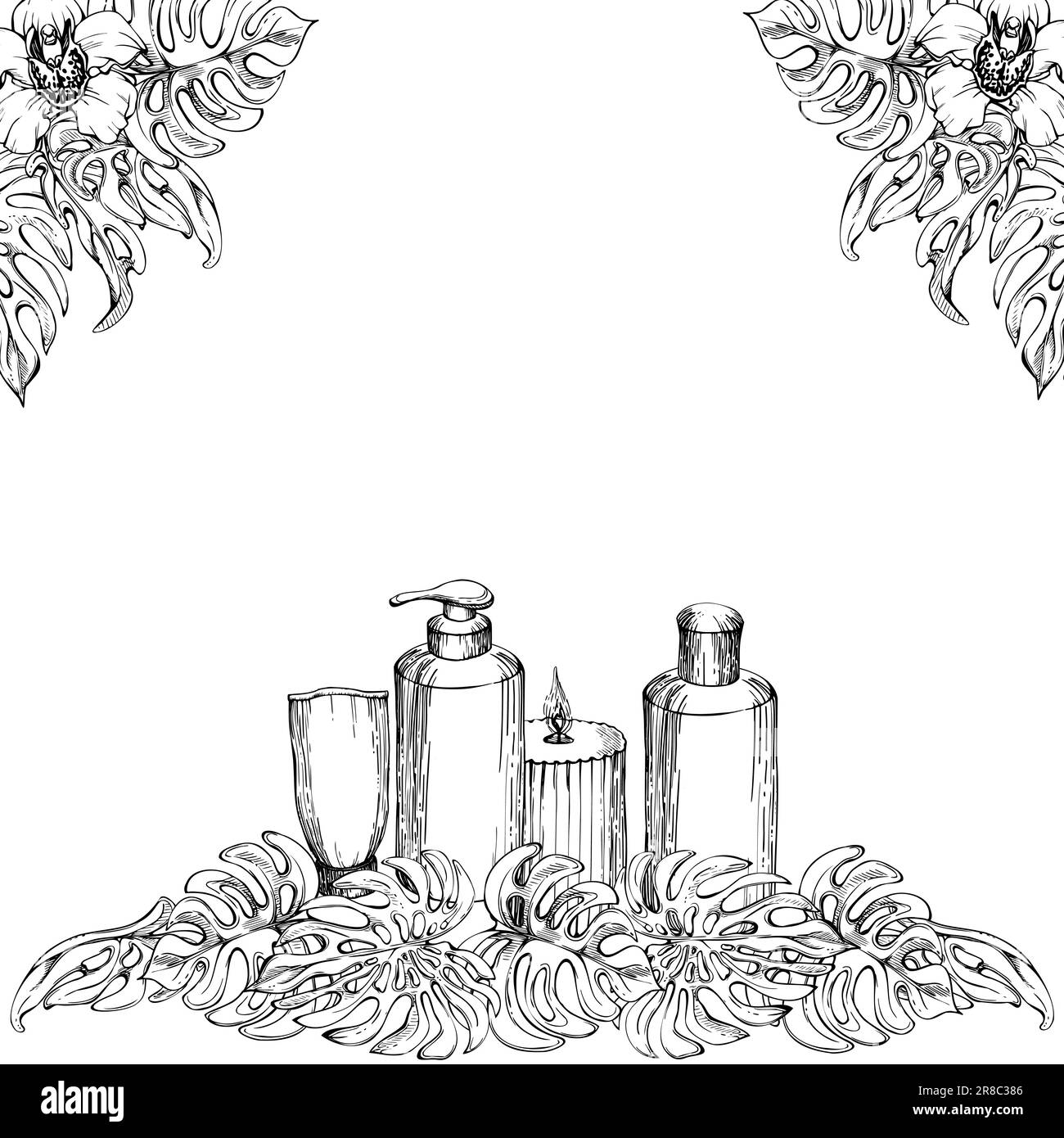 Hand drawn vector ink spa skincare bath beauty products package with