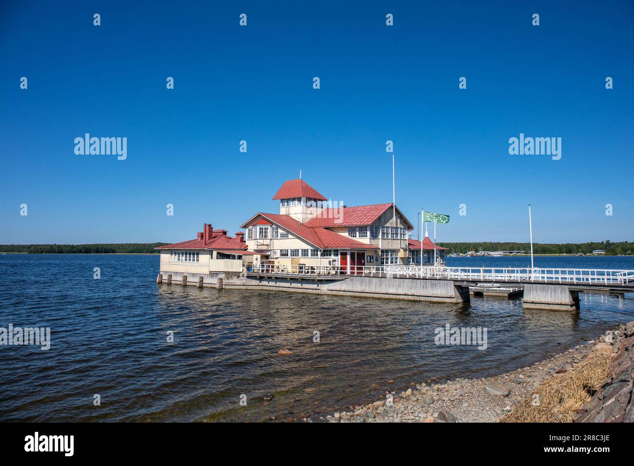 Iconic waterfront restaurant Knipan against clear blue sky on a sunny summer day in Tammisaari or Ekenäs, Finland Stock Photo