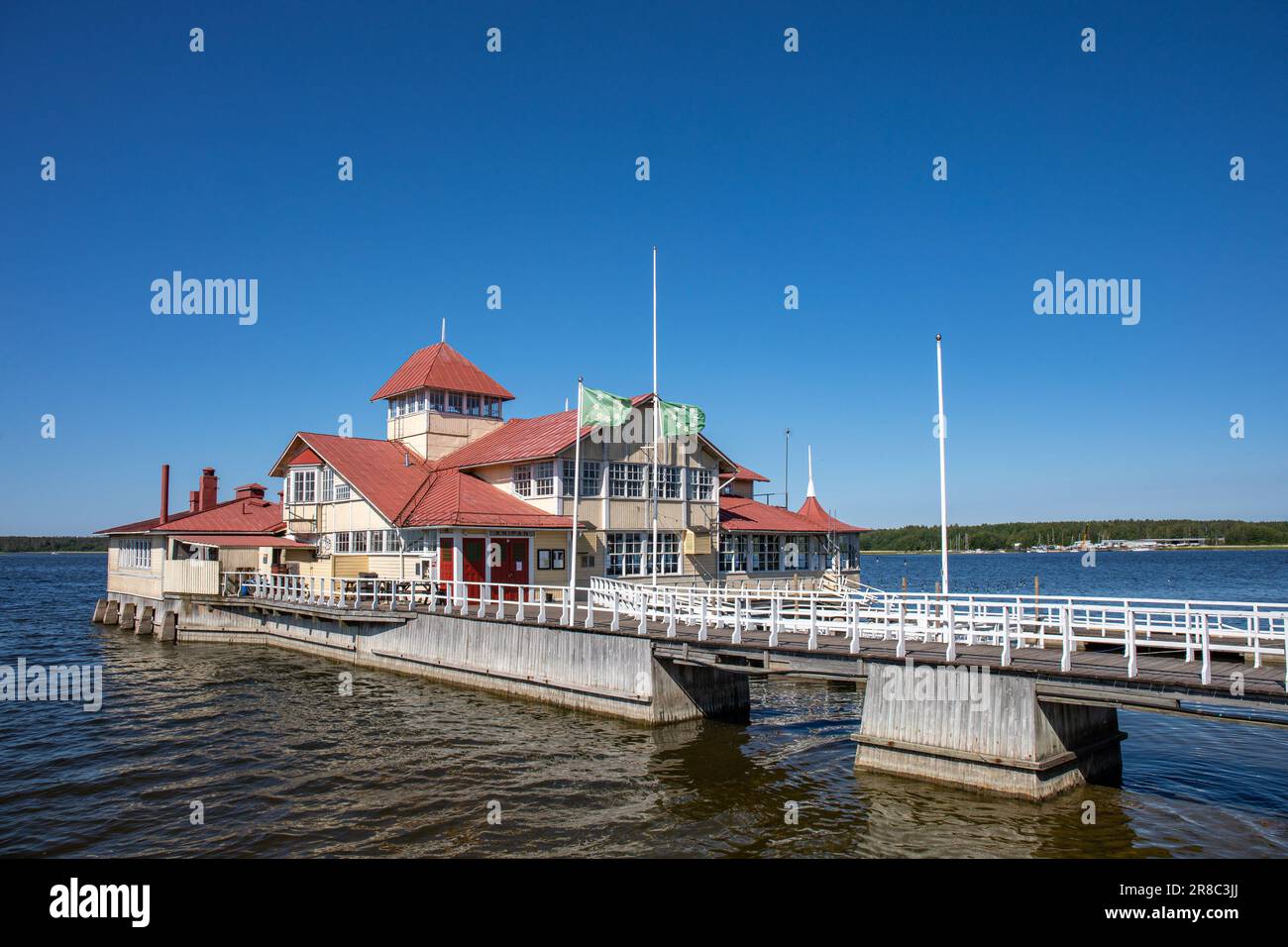 Iconic waterfront restaurant Knipan against clear blue sky on a sunny summer day in Ekenäs or Tammisaari, Finland Stock Photo