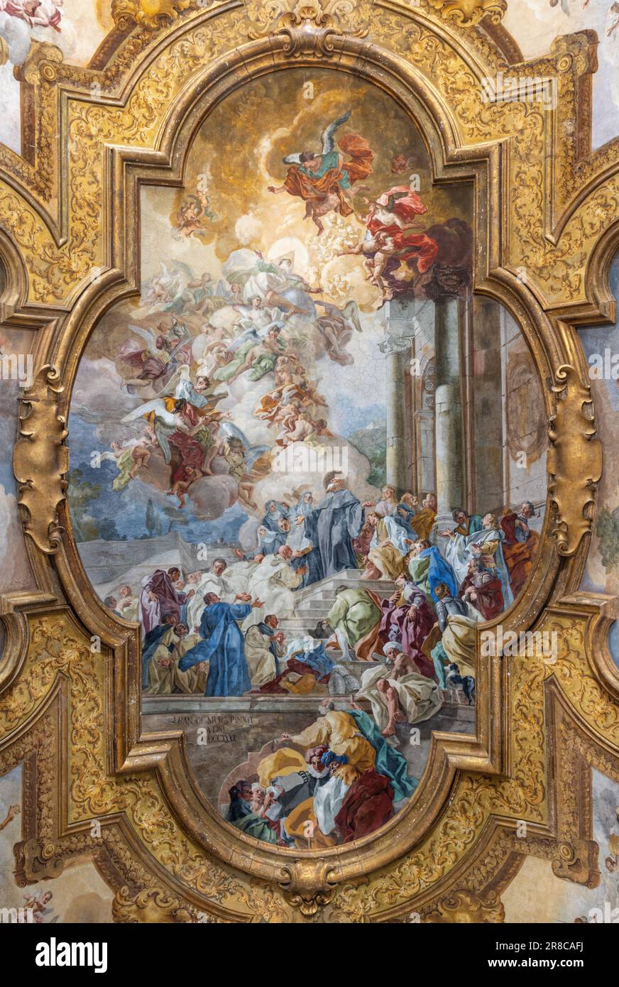 NAPLES, ITALY - APRIL 21, 2023: The ceiling fresco Scene from life of St. Benedict in the church Chiesa dei Santi Severino e Sossio Stock Photo