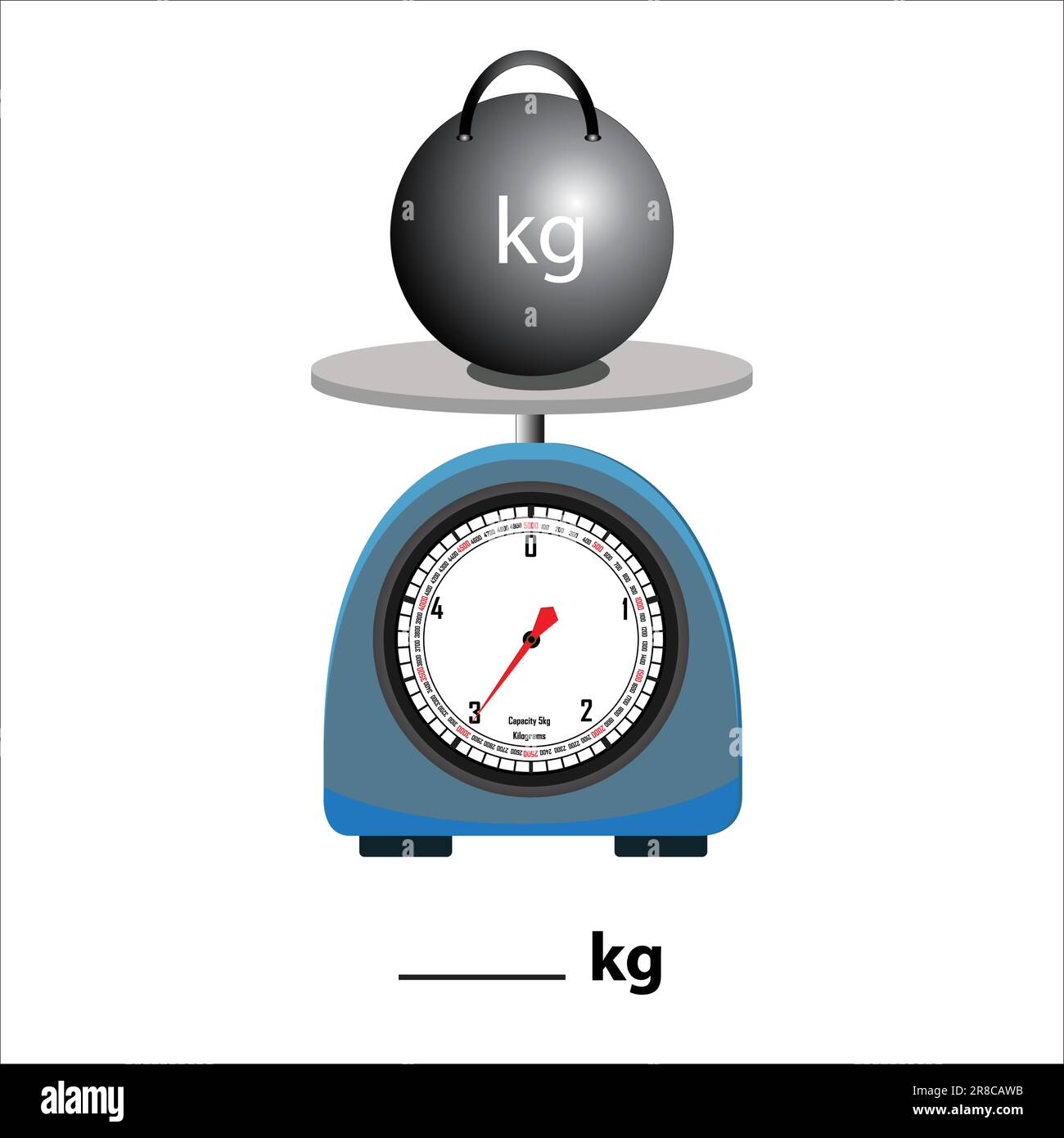 iron ball 3kg on a weighing scale, isolate on white background. Weight balance vector illustration. Equilibrium comparison sign business concept. Stock Vector
