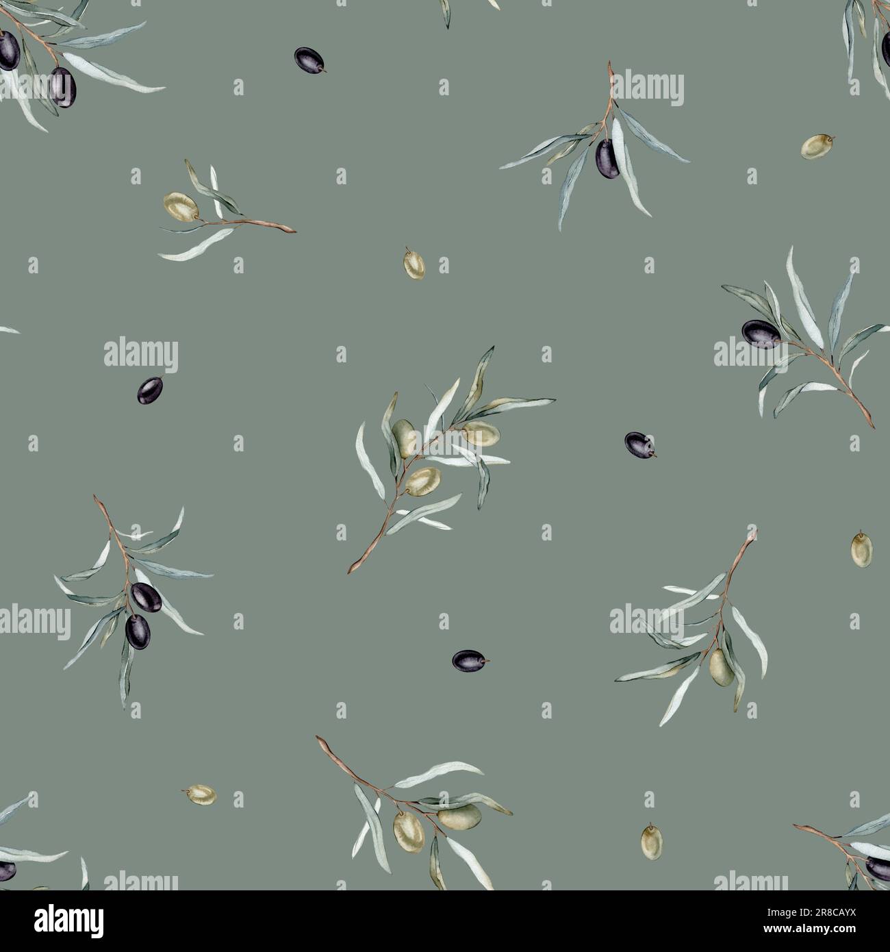 Watercolor seamless pattern with black and green olives and branch ...