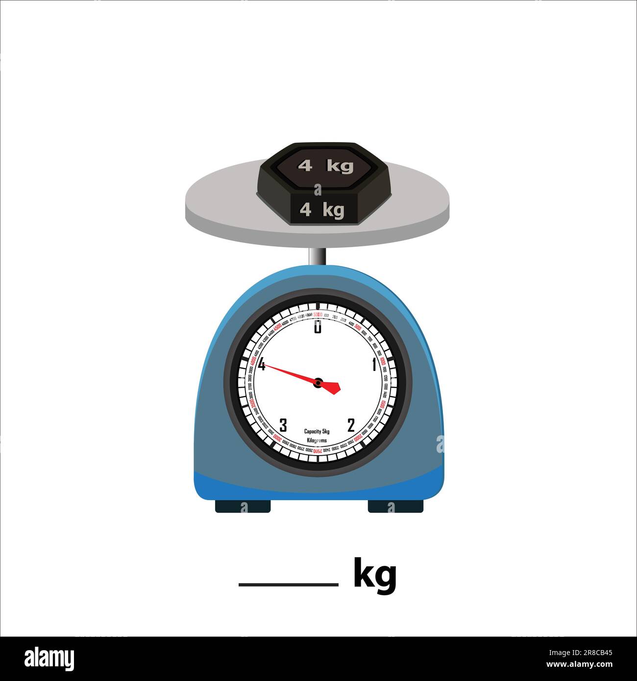 Wight stone 4kg on weighing scale, isolate on white background. Weight balance vector illustration. Equilibrium comparison sign business concept. Stock Vector