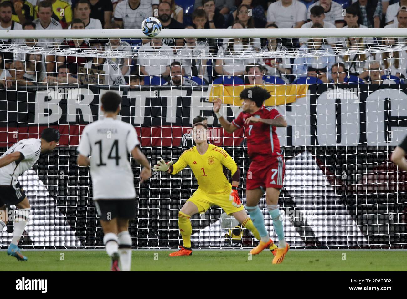 GELSENKIRCHEN - 20/06/2023, (LR) Jamal Musiala of Germany, Germany goalkeeper Marc-Andre ter Stegen, Luis Diaz of Colombia scores the 0-1 during the friendly international match between Germany and Colombia at Veltins-Arena on June 20, 2023 in Gelsenkirchen, Germany. AP | Dutch Height | BART STOUTJESDYK Stock Photo