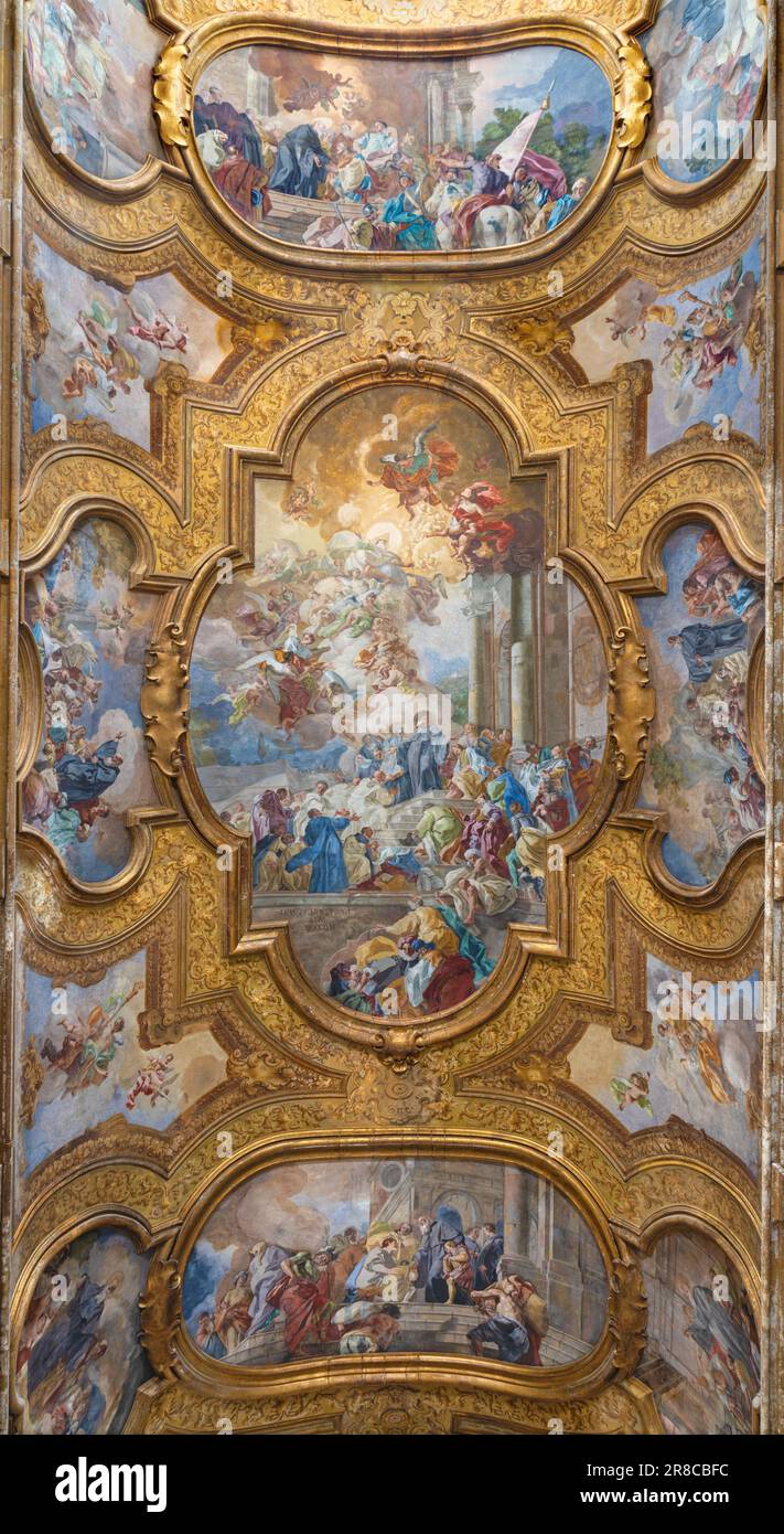 NAPLES, ITALY - APRIL 21, 2023: The ceiling fresco Scene from life of St. Benedict in the church Chiesa dei Santi Severino e Sossio Stock Photo