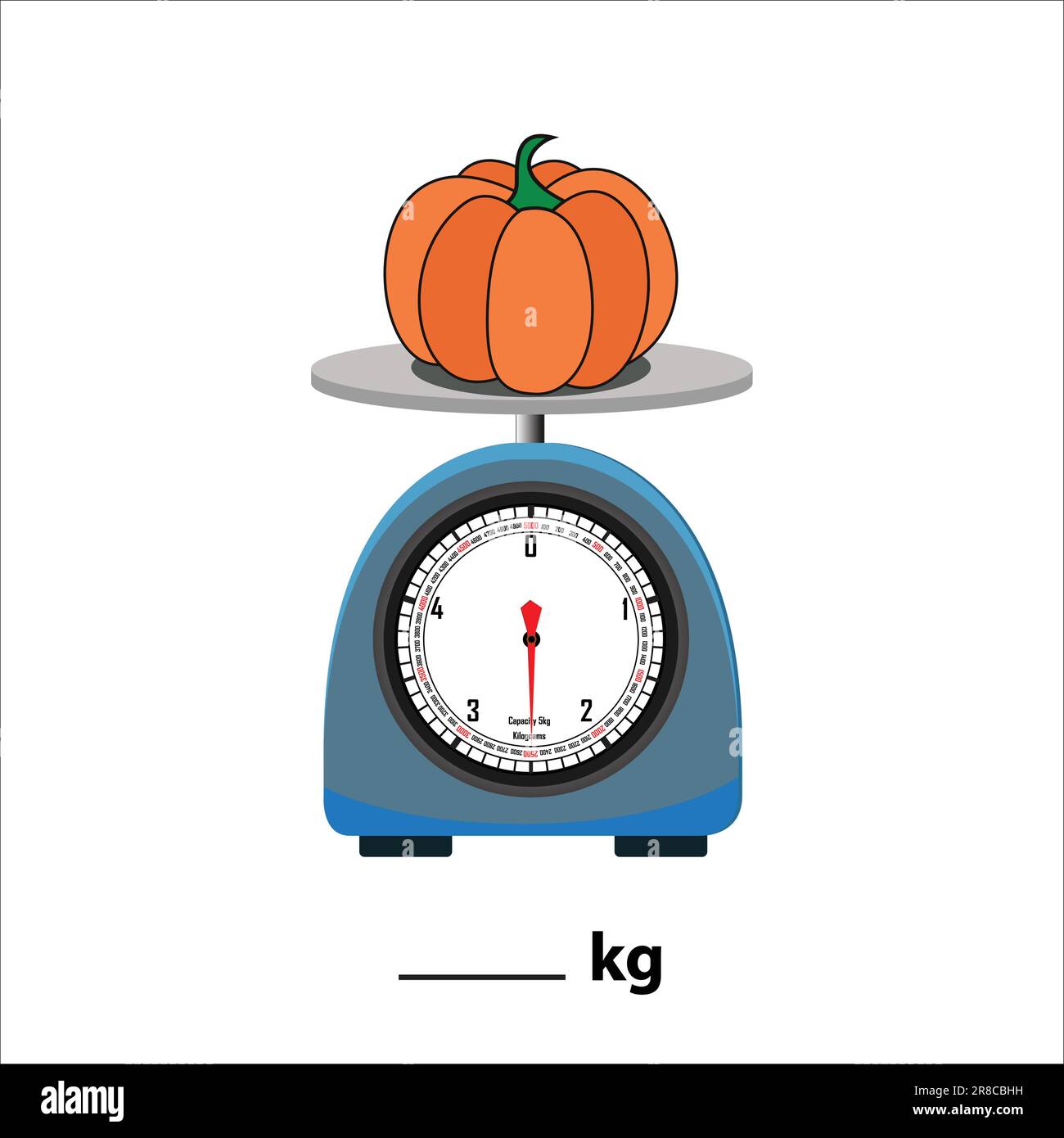 Pumpkin 2.5kg on a weighing scale, isolate on white background. Weight balance vector illustration. Equilibrium comparison sign business concept. Stock Vector