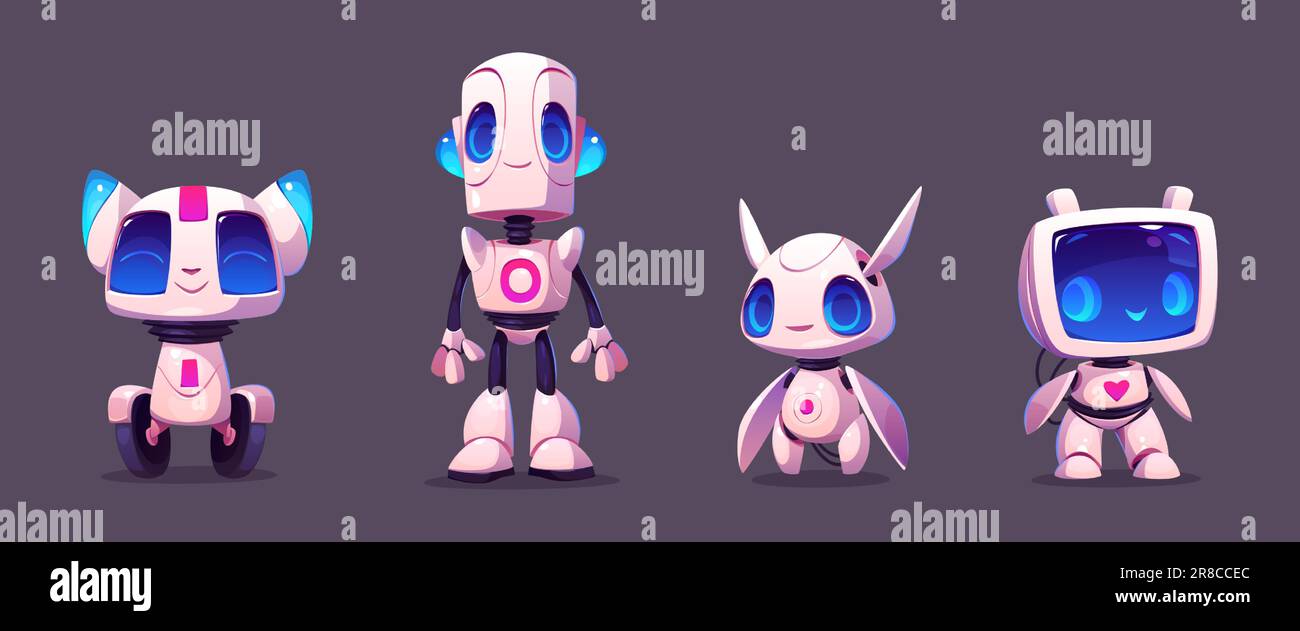 Cute ai robot evolution mascot cartoon vector set. Digital modern computer bot design icon isolated. Artificial intelligence mechanical companion friend for communication and education in internet. Stock Vector