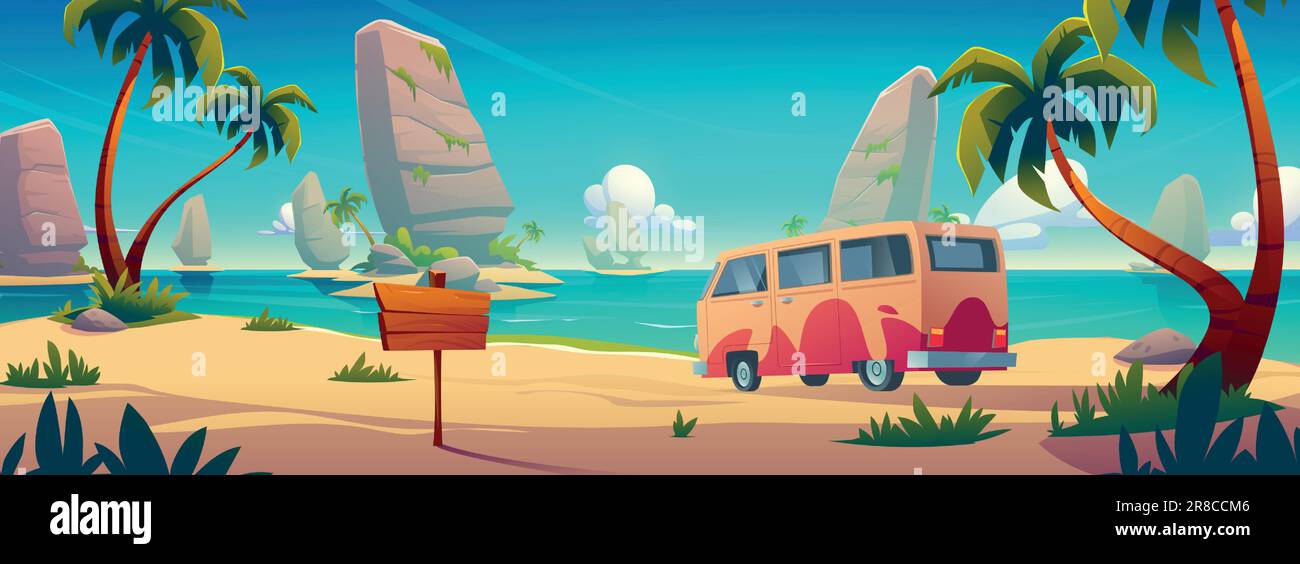 Vintage bus on summer beach near signboard vector background. Travel van in vacation trip to sea cartoon illustration with palm tree and wooden sign board. Journey to ocean coast on minibus truck Stock Vector