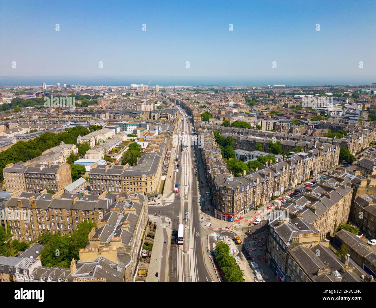 Aerial view of Leith Walk with completed tram lines in Edinburgh