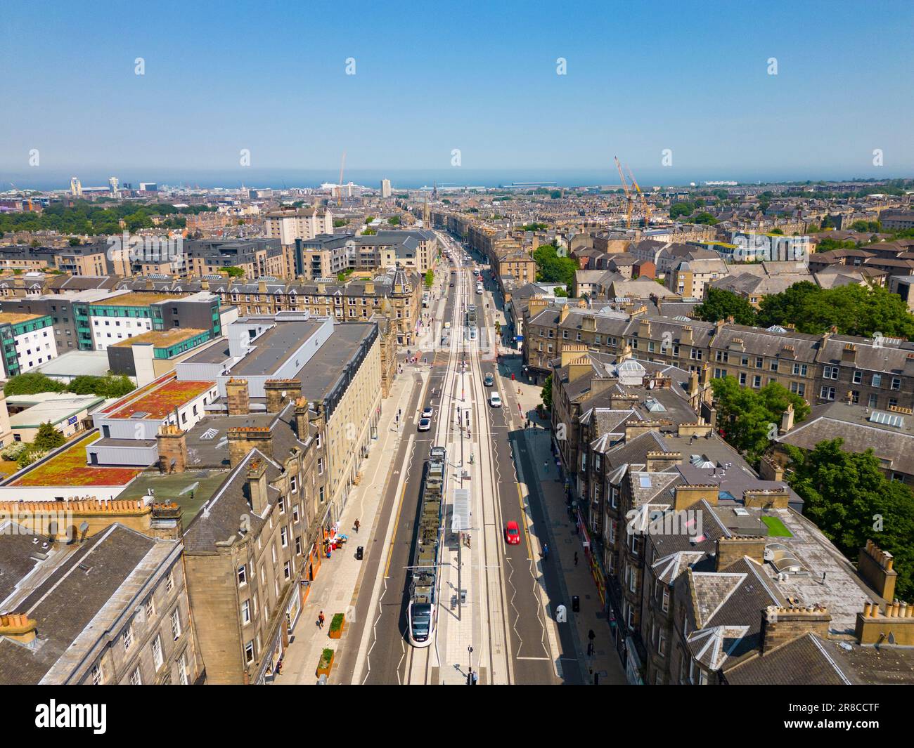 Aerial view of Leith Walk with completed tram lines in Edinburgh