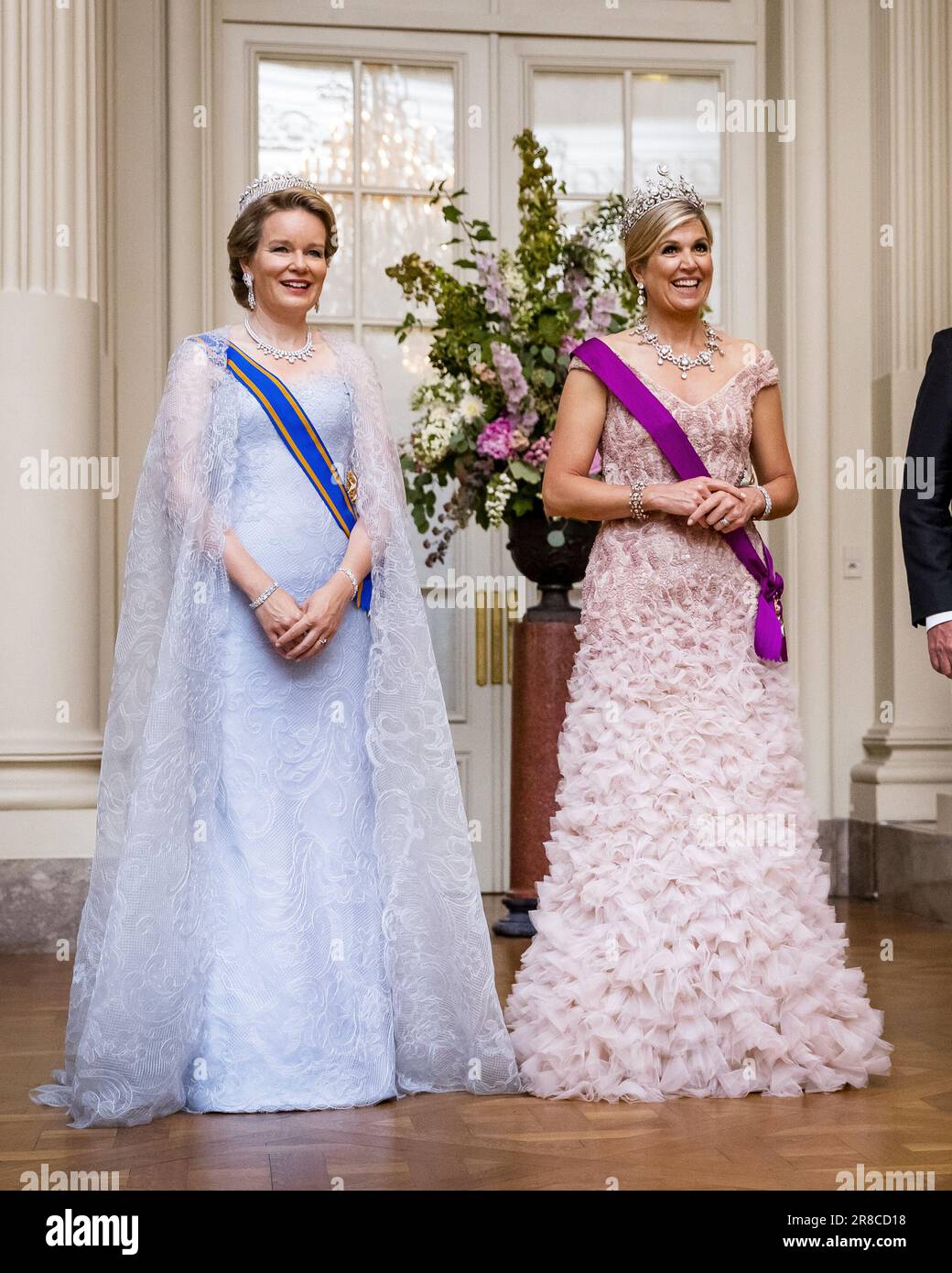BRUSSELS - The Belgian Queen Mathilde and Queen Maxima during the passade  prior to the state banquet in the Castle of Laeken on the first day of the  state visit to Belgium.
