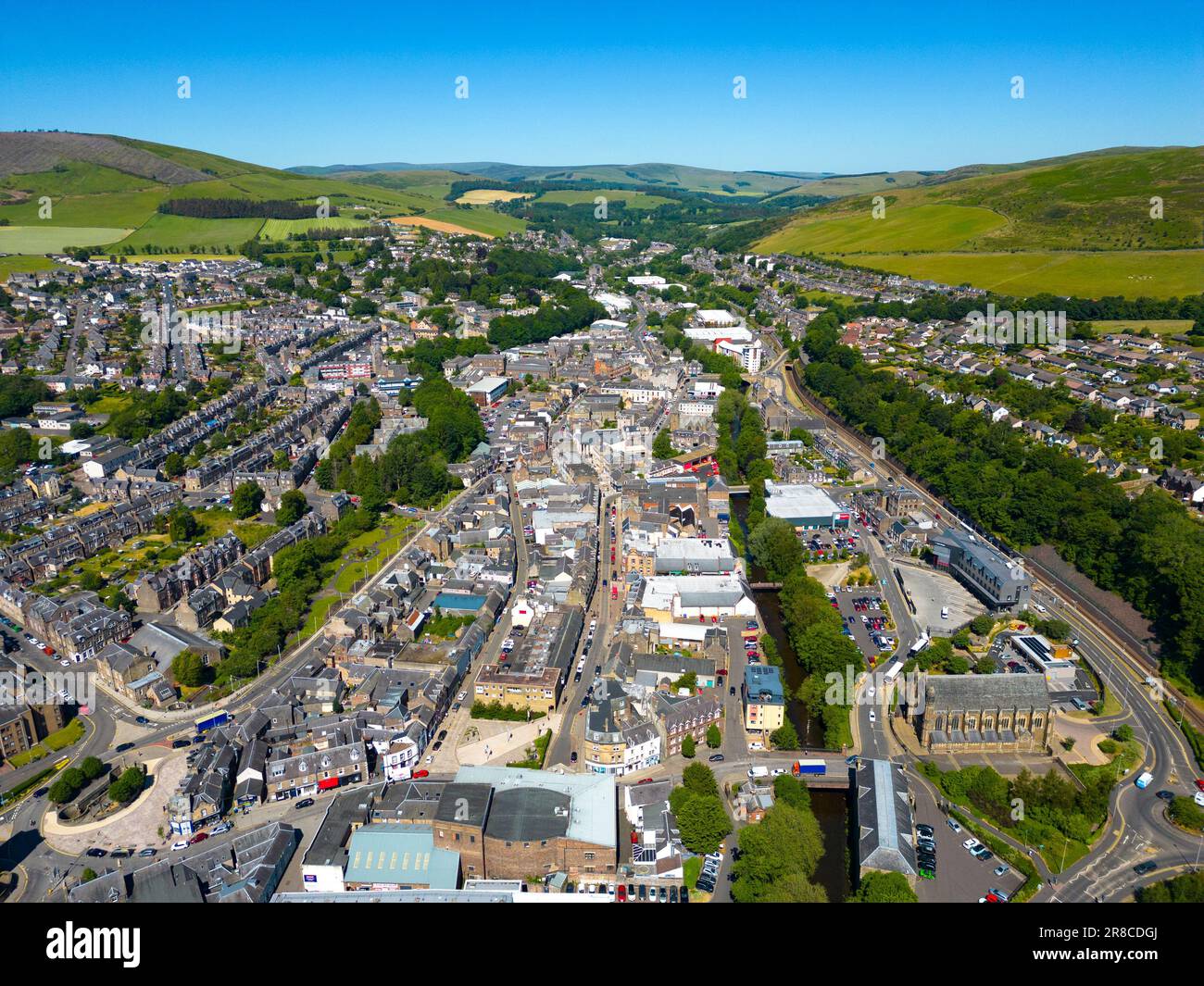 Aerial view from drone of Galashiels town in Scottish Borders, Scotland, UK Stock Photo