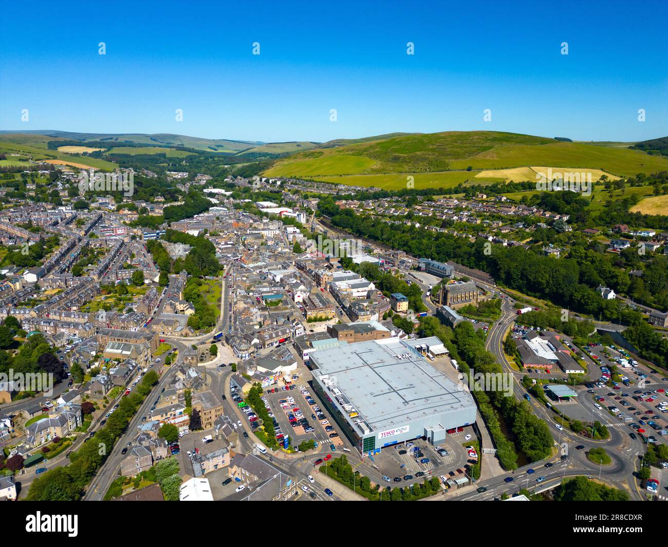 Aerial view from drone of Galashiels town in Scottish Borders, Scotland, UK Stock Photo