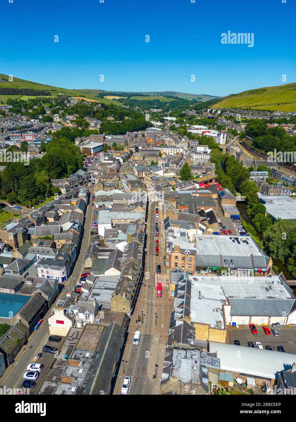 Aerial view from drone of Galashiels town in Scottish Borders, Scotland, UK Stock Photo