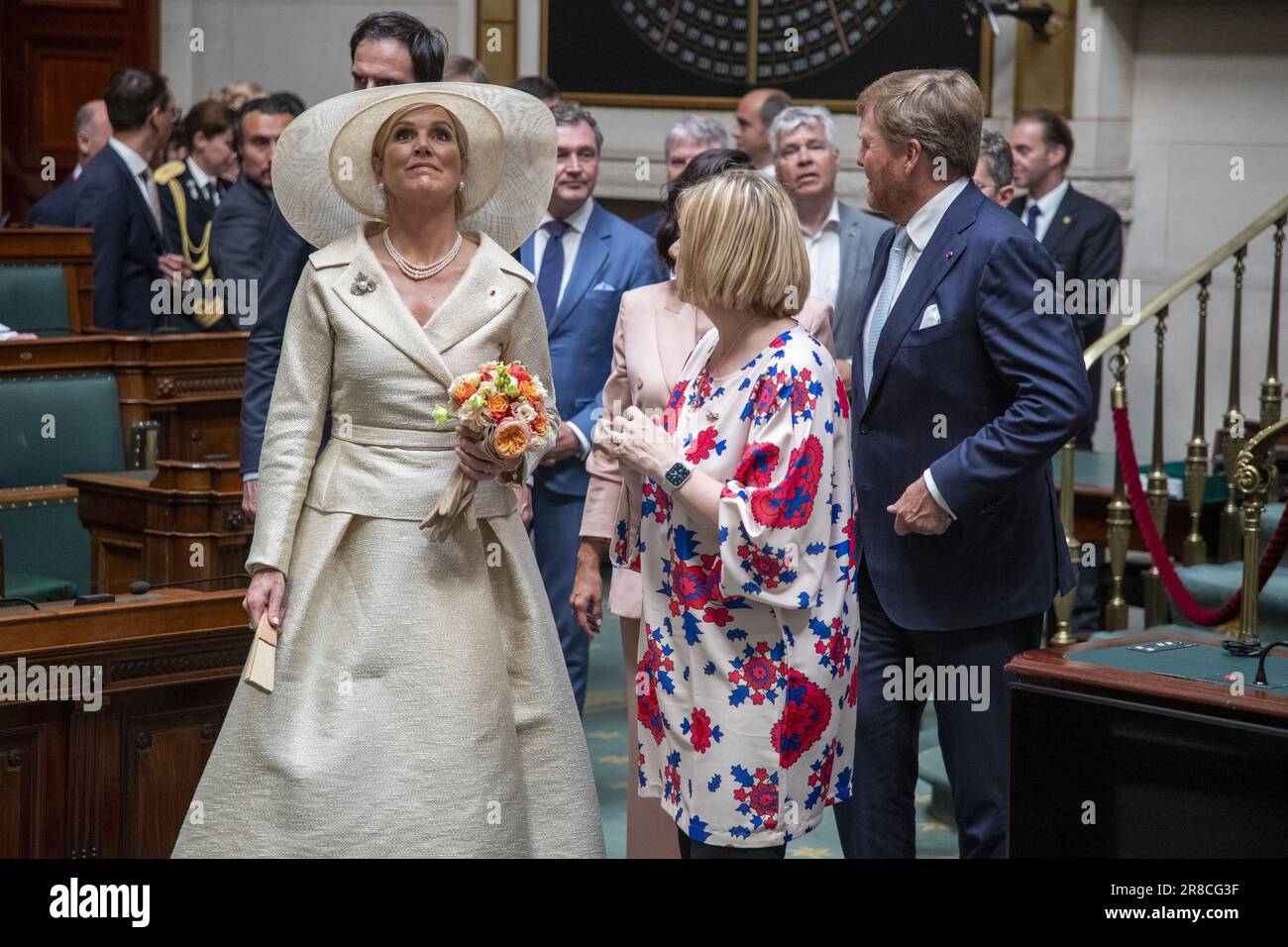 Brussels, Belgium. 20th June, 2023. Dutch Queen Maxima, Chamber chairwoman Eliane Tillieux and Dutch King Willem-Alexander pictured during a royal visit to the Chamber and the Senate, at the federal parliament, on the first day of the official state visit of the Dutch royal couple to Belgium, in Brussels, Tuesday 20 June 2023. BELGA PHOTO NICOLAS MAETERLINCK Credit: Belga News Agency/Alamy Live News Stock Photo