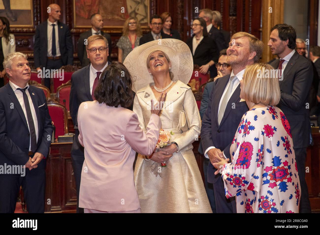 Brussels, Belgium. 20th June, 2023. Senate chairwoman Stephanie D'Hose, Dutch Queen Maxima, Dutch King Willem-Alexander and Chamber chairwoman Eliane Tillieux pictured during a royal visit to the Chamber and the Senate, at the federal parliament, on the first day of the official state visit of the Dutch royal couple to Belgium, in Brussels, Tuesday 20 June 2023. BELGA PHOTO NICOLAS MAETERLINCK Credit: Belga News Agency/Alamy Live News Stock Photo